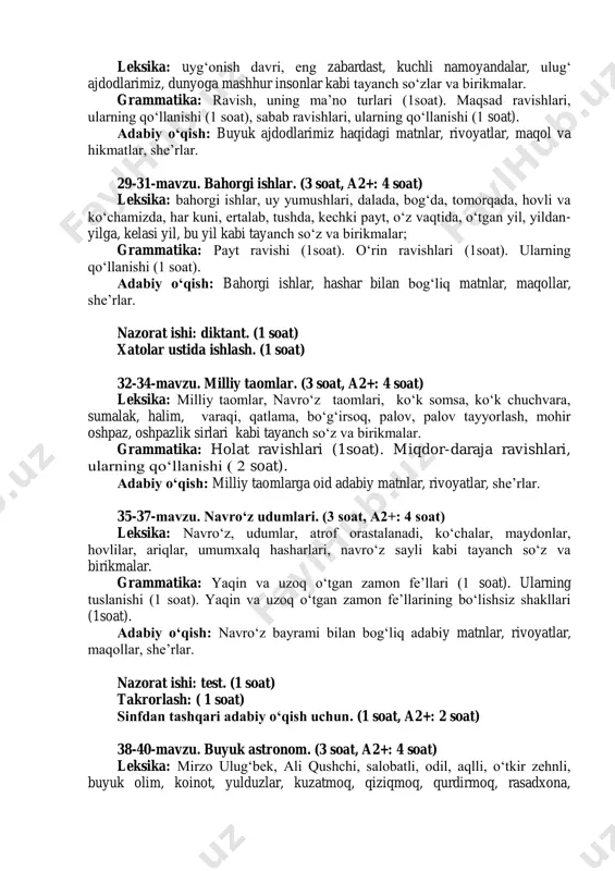 so‘zlarining qo‘llanishi (1 soat). adabiy o‘qish: posbonlar, chegarachilarga oid adabiy matnlardan parcha, rivoyatlar, maqollar, she’rlar. 26-28-mavzu. mashhur kishilar. ( 3 soat, a2+: 5 soat) leksika: uyg‘onish davri, eng zabardast, kuchli namoyandalar, ulug‘ ajdodlarimiz, dunyoga mashhur insonlar kabi tayanch so‘zlar va birikmalar. grammatika: ravish, uning ma’no turlari (1soat). maqsad ravishlari, ularning qo‘llanishi (1 soat), sabab ravishlari, ularning qo‘llanishi (1 soat). adabiy o‘qish: buyuk ajdodlarimiz haqidagi matnlar, rivoyatlar, maqol va hikmatlar, she’rlar. 29-31-mavzu. bahorgi ishlar. (3 soat, a2+: 4 soat) leksika: bahorgi ishlar, uy yumushlari, dalada, bog‘da, tomorqada, hovli va ko‘chamizda, har kuni, ertalab, tushda, kechki payt, o‘z vaqtida, o‘tgan yil, yildan- yilga, kelasi yil, bu yil kabi tayanch so‘z va birikmalar; grammatika: payt ravishi (1soat). o‘rin ravishlari (1soat). ularning qo‘llanishi (1 soat). adabiy o‘qish: bahorgi ishlar, hashar bilan bog‘liq matnlar, maqollar, she’rlar. nazorat ishi: diktant. (1 soat) xatolar ustida ishlash. (1 soat) 32-34-mavzu. milliy taomlar. (3 soat, a2+: 4 soat) leksika: …