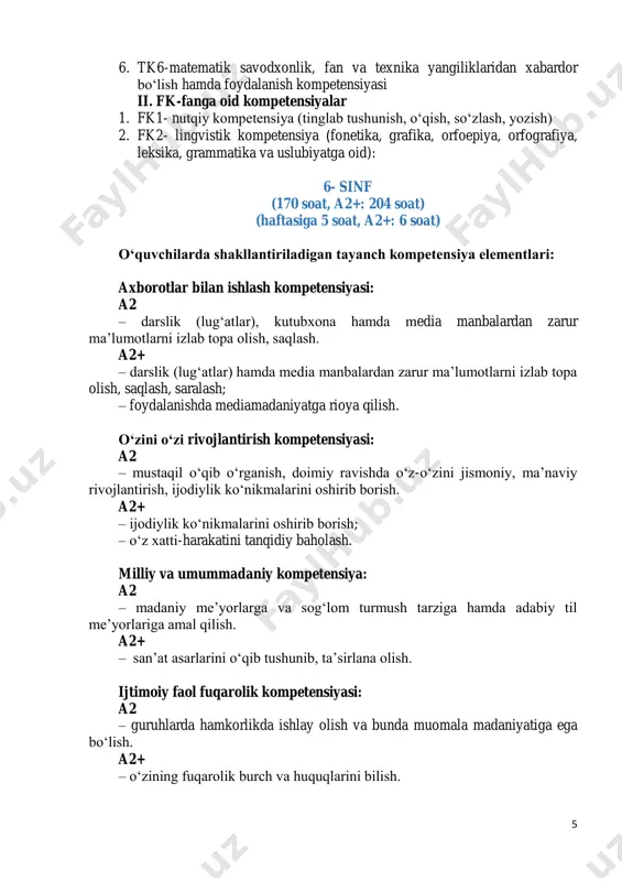 ardan zarur ma’lumotlarni izlab topa olish, saqlash, saralash; – foydalanishda mediamadaniyatga rioya qilish. o‘zini o‘zi rivojlantirish kompetensiyasi: a2 – mustaqil o‘qib o‘rganish, doimiy ravishda o‘z-o‘zini jismoniy, ma’naviy rivojlantirish, ijodiylik ko‘nikmalarini oshirib borish. a2+ – ijodiylik ko‘nikmalarini oshirib borish; – o‘z xatti-harakatini tanqidiy baholash. milliy va umummadaniy kompetensiya: a2 – madaniy me’yorlarga va sog‘lom turmush tarziga hamda adabiy til me’yorlariga amal qilish. a2+ – san’at asarlarini o‘qib tushunib, ta’sirlana olish. ijtimoiy faol fuqarolik kompetensiyasi: a2 – guruhlarda hamkorlikda ishlay olish va bunda muomala madaniyatiga ega bo‘lish. a2+ – o‘zining fuqarolik burch va huquqlarini bilish. 6 matematik savodxonlik, fan va texnika yangiliklaridan xabardor bo‘lish hamda foydalanish kompetensiyasi: a2 – aniq hisob-kitoblarga asoslangan holda shaxsiy rejalarini tuza olish, mavzu doirasida turli jadvalli ma’lumotlarni o‘qiy olish. a2+ – kundalik hayotda aniq hisob-kitob bilan ish yuritish. 1-bo‘lim. kirish. 5-sinfda o‘tilganlarni takrorlash (6 soat, a2+: 2 soat) 1-mavzu. o‘zbekistonda davlat tili va boshqa tillarning rivoji. (1 …