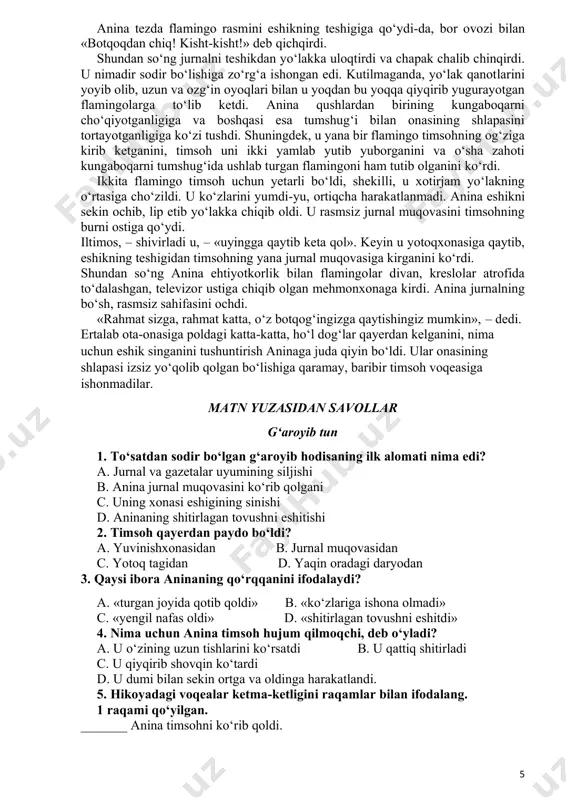 birini yozing. __________________________________________________________________ __________________________________________________________________ _________________________________________________________________ 11. siz aninaning harakatlaridan uning qanday xarakterga ega ekanligini bilib oldingiz? uning fazilatlaridan birini yozing. javobingizni asoslash uchun uning bajargan ishlaridan ikkita misol keltiring. 1.______________________________________________________________ __________________________________________________________________ __________________________________________________________________ 2.______________________________________________________________ __________________________________________________________________ __________________________________________________________________ 12. muallif bizga aninaning sarguzashtlari tushda yoki o‘ngda bo‘lganligini aytib o‘tmadi. bu tush ekanligiga bitta dalil keltiring. ________________________________________________________________ __________________________________________________________________ __________________________________________________________________ __________________________________________________________________ ___________________________________ bu tush emasligiga bitta dalil keltiring. 7 ________________________________________________________________ __________________________________________________________________ __________________________________________________________________ __________________________________________________________________ leonardo da vinchi o‘z davridan ilgarilab ketgan inson ko‘pchilik odamlar leonardo da vinchi ismini eshitishsa, uning mashhur surati «mona liza»ni yodga olishadi. bu surat parijdagi badiiy san’at muzeyida saqlanadi. har yili millionlab sayyohlar uni ko‘rish uchun kelishadi. biroq leonardo nafaqat rassom, balki iste’dodli ixtirochi, muhandis, arxitektor va haykaltarosh ham bo‘lgan. u ko‘plab yangi va g‘aroyib g‘oyalarga boy edi. leonard