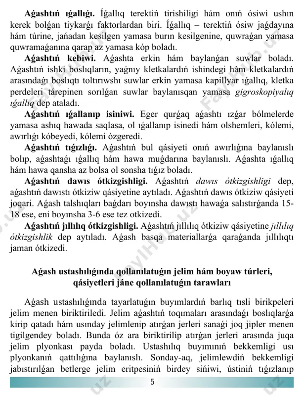 jumsaq, aǵash buyımlardı jabıstırıw ushın qoyıwlaw jelim isletiledi. jelimlengen buyımlardı ıǵallıqtan saqlaw zárúr. kazein jelimi. bul jelim quramınıń tiykarǵı bólegi mayı alınǵan qurǵaq tvorog – kazeinnen ibarat boladı. ol mayı alınǵan sútten tayarlanadı. jelimniń quramında kazeinnen basqa kerosin hám jelimniń buzılmawı ushın qosılatuǵın arnawlı antiseptik zatlar da boladı. kazein jelimi tómendegishe tayarlanadı: emallanǵan taza ıdısqa bólme temperaturasındaǵı suw quyıladı hám onıń ústine jelim untaǵı (eki ese 1-súwret. jelim qaynatqısh. jelim suw 7 suwǵa bir ese etip) sebiledi, keyin bir jınıslı massaǵa aylanǵanǵa shekem jaqsılap aralastırıladı. suwdı yamasa jelim aralaspasın ısıtpaw kerek. sebebi jelim buzıladı. kazein jelimi oziniń jabıstırıw qásiyetin 3-4 saatqa shekem saqlaydı. soǵan baylanıslı onı tek jumıs ushın jeterli muǵdarda tayarlaw kerek. qatıp qalǵan kazein jeliminiń aralaspasın ekinshi márte suwda eritiw yamasa tazadan tayarlanǵan jelimge qosıwǵa bolmaydı. aǵashtıń detalların jelimlewdiń bekkemligi tek tayarlanǵan jelim eritpesiniń sapasına baylanıslı bolmastan, biriktirilgen detallar arasında payda etilgen jelim qatlamınıń qalıńlıǵına da baylanıslı boladı. …