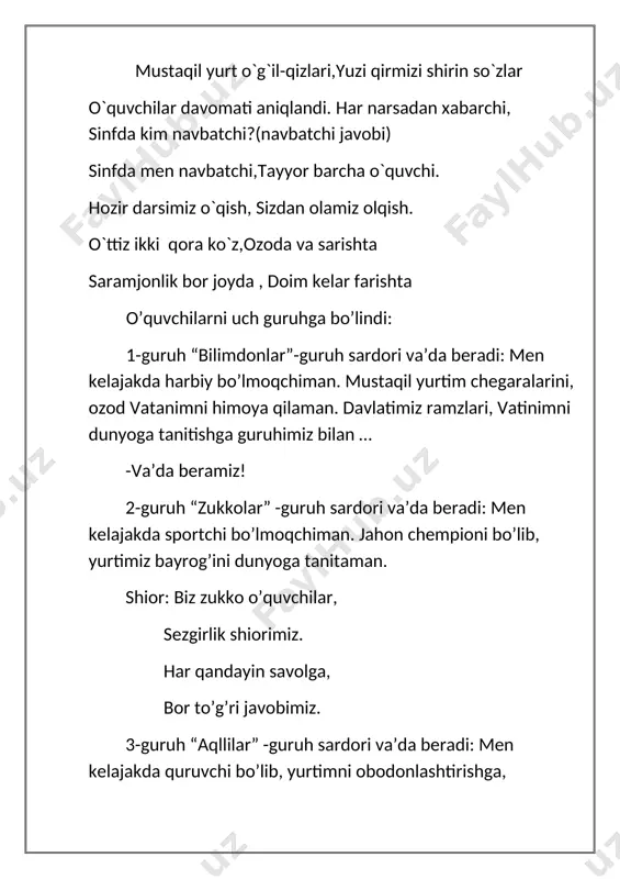 opib, ular bilan do’stlashibdi. u o’z safari davomida o’rtoqlari orasida mashxur bo’lib ketibdi. u akalridan avval uyga qaytibdi. chol bir kuni: -qani, kim qaysi shaxarga qo’rg’on qurdi? yuringlar, bir aylanib ko’rib kelamiz, -debdi. u o’g’illari bilan birga katta o’gli qurgan qo’rg’onga boribdi. qarasa, uy-joyning o’zi so’rrayib odamsiz turgan emish. chol indamabdi. so’ngra o’rtancha o’g’lining qilgan ishini ko’zdan kechiribdi. uniki ham xuddi akasinikiga o’xshar ekan. bu qo’rg’onlarning odamlari qani?-deb so’rabdi chol. to’ng’ich va o’rtancha o’g’il unga javob bera olmabdi. hammalari kenja o’g’ilning yor-birodarlari yashaydigan joylarga borishibdi. ularni kenja o’g’ilning yor-u do’stlari izzat-hurmat bilan kutib olibdilar, ketma-ket ziyofatdan bo’shamay qolibdilar, shunda chol o’g’illariga qarab bunday debdi: -har bir shaxardan orttirgan do’st, u yerda bir qo’rg’on qurish bilan teng. mening maqsadimni faqat kenja o’g’lim tushunibdi. mening ismim, bilan tajribam unga meros bo’lib qolsin. yangi mavzuni mustahkamlash: 1. ota o’g’illariga qanday topshiriq beribdi? 2. otaning maqsadini qaysi o’g’il to’g’ri tushunibdi. o’quvchlarni baholash: dars jarayonida …