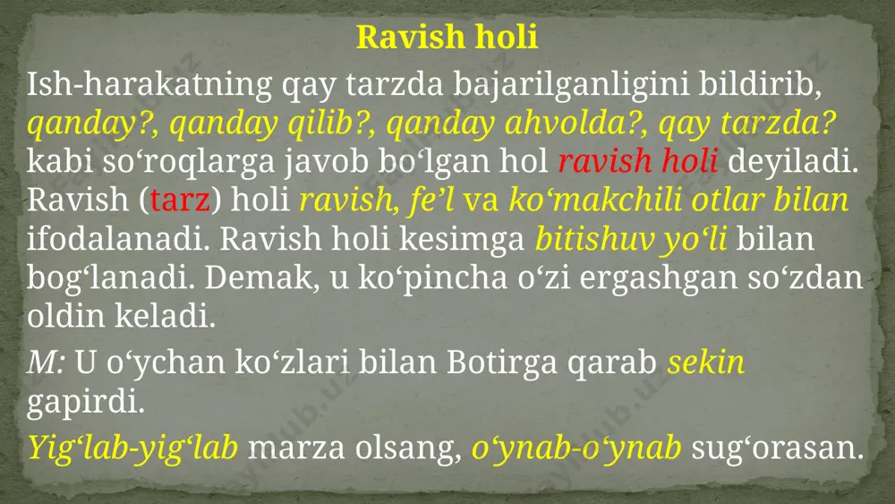 in shabada ana shu ajoyib gullarning g‘unchalarini yozmoqda. 4. ot bilan: kumush qishdan, zumrad bahordan, qolishmaydi kuzning ziynati. 5. ravish bilan: uzoq-yaqin yerlardan odamlar yig‘ila boshladi. 6. sifatdosh bilan: mayin esgan shabada ko‘nglimizni chog‘ qildi. 7. modal so‘z bilan: zarur ishlarimizni bitirdik. 8. taqlid so‘zlar bilan: zavodning mashina bo‘limidan gurs-gurs zarb uzluksiz eshitilib turadi. 9. ibora bilan: unda og‘zining tanobi qochadigan odati bor. eslatma: sifatlovchi-aniqlovchilar ba’zan o‘ziga qarashli so‘zlar bilan birikmali holda qo‘llanadi. aniqlovchi vazifasida kelgan sifatdoshlar birikmali qo‘llanib, sifatdosh qurilmani hosil qiladi. m: jamilovning egnida oq shohi kitel, sariq kavertok shim, oyog‘ida kavkazcha etik, boshida chust duppi edi. yuzida bilinar-bilinmas chechak o‘rni qolgan(sifatdosh qurilma), keng peshonali, sochlarini o‘ng tomonga silliq taragan (sifatdosh qurilma) jurnalist shoirga bir qarab qo‘ydi. b. qaratqich-aniqlovchi – gapning biror shaxs yoki narsa-buyumga qarashliligini, xosligini bildirgan bo‘lagi qaratqich aniqlovchi deyiladi. aniqlovchining bu turi qaratqich kelishigidagi so‘zlar bilan ifodalandi. qaratqich aniqlovchi bog‘langan bo‘lak qaralmish hisoblanadi. qaratqich-aniqlovchili so‘z …