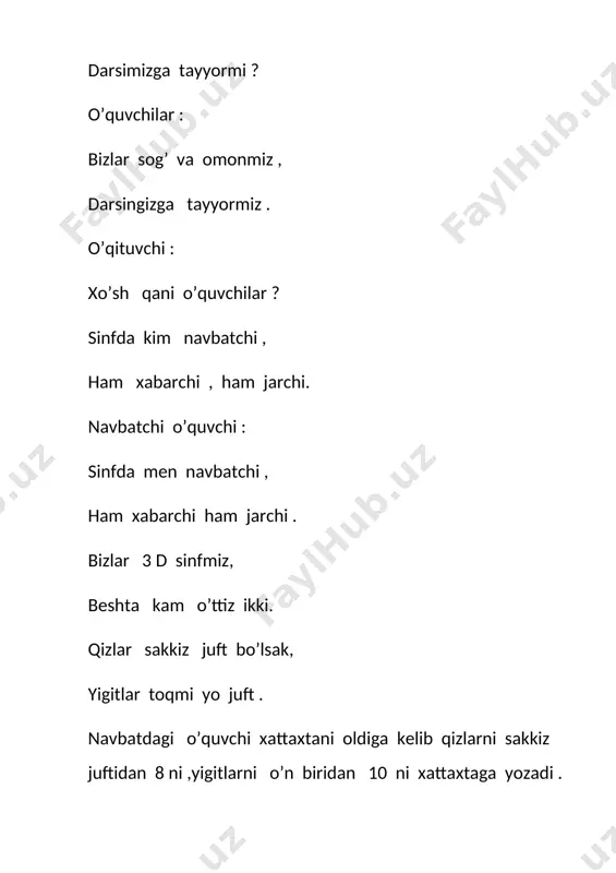 , salom senga yangi yil . salom senga yangi yil , yan – gi yil . o’quvchi qizlar ishtirokida “ yomg’ir tomchilari “ musiqasiga raqsni namoyish etiladi . o’quvchilar : ustoz yangi yilda qorbobo va qorqiz mehmon bo’lib tashrif buyurishib , bilimdon o’quvchilarga , odobli bolajonlarga o’z sovg’alarini ulashadi – a ? o’qituvchi : to’gri bolajonlar , yangi yil bayrami bolajonlarniki . davraga qorqiz tashrif buyuradi . o’quvchilar : salom oppog’oy qorqiz , tashrifingga ming olqish . qorqiz : kezdim qancha yurtlarni , ko’rdim bilimdonlarni . aytsam agar topishmoq , yo mantiqiy bir savol . o’quvchilar : kuchi bor birni yutar , bilimli mingni yutar . qorqiz : bordur chinor shoxida , yetti qush , ikki qarg’a. turg’un tosh otsa uchdi , ikki qush , bitta qarg’a . shoxda qoldi hammasi ? o’quvchilar javobini aytadilar . qorqiz o’z sovg’alarini ustozlarga , o’quvchilarga ulashadi . v.darsni yakunlash , xulosalash , baholash …