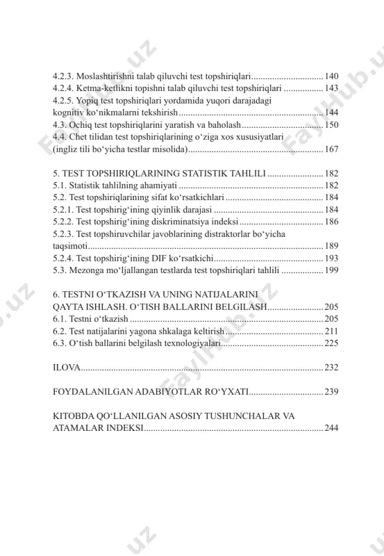 yu- ritmoqda. o‘zbekistonning ta’lim sifatini baholash bo‘yicha pirls, pisa, timms singari xalqaro tadqiqotlarda ishtirok etishi kutilmoqda. bularning barchasi pedagogik o‘lchov vositalarini yaratish, ularni ilmiy asoslash va tahlil qi­ lishga qodir malakali mutaxassislar – testologlarga ehtiyojni oshiradi. shu bilan birga, testologiya sohasining nazariy asoslari va amaliy qo‘llanilishini izchil, tizimli ravishda bayon qila- digan manbalar o‘zbek tilida hali-hanuz yaratilmagan desak mubolag‘a bo‘lmaydi. bu esa sohaga bevosita daxldor yoki soha bilan qiziqadigan, biroq ingliz, rus yoki boshqa tillarda- gi manbalardan foydalana olmaydigan mutaxassislarning im- koniyatlarini cheklaydi. shuni hisobga olib testologiyaning asosiy tushuncha va qonuniyatlarini o‘zbek tilida ochib berish maqsadida mazkur kitob yaratildi. muallif kitob qo‘lyozmasini ko‘rib chiqib, uning sifatini yaxshilash borasida o‘z qimmatli maslahatlarini ayamagan hamkasblari – alisher navoiy nomidagi toshkent davlat o‘zbek tili va adabiyoti universiteti dotsenti, filologiya fan- lari doktori zulxumor mirzayeva, o‘zbekiston respublika- si vazirlar mahkamasi huzuridagi davlat test markazi bosh mutaxassisi nargiza yusupova, o‘zbekiston respublikasi 7 baholash nazariyasi asoslari …