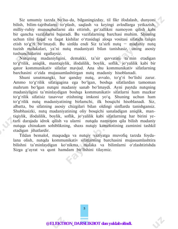 igida emas, balki to‘g‘ridan to‘g‘ri va me’yorga amal qilgan holda so‘zlar o‘zlashtirilmoqda. mamlakatimizda tamoman yangi ijtimoiy-siyosiy tuzumning bar- po etilishi, bozor iqtisodi munosabatlarining qaror topishi, yangicha moliya-kredit tizimining paydo bo‘lishi, fan va ta’lim sohasida- gi tub islohotlar, yangi texnika va texnologiyalar ning rivoj lanishi, barcha sohalardagi xalqaro aloqalarning mislsiz ko‘lam kasb eti- shi va boshqa ko‘plab o‘zgarishlar xorijiy so‘zlarning o‘zbek tiliga o‘zlashtirilishiga tabiiy ra vishda yo‘l ochdi. bugun o‘zbek tiliga kirib kelgan, ayniqsa, axborot-kommunikatsiya texnologiyalari, moli- ya-iqtisod, siyosat, ta’lim va madaniyatga oid o‘zlashmalar yuzlab emas, balki minglab degan o‘lchovlar bilan o‘lchanadi, ular keng omma nutqidan deyarli joy olib bo‘ldi (masalan, audiovizual, an- titerror, bakalavr, bankomat, barter, birja, bri fing, gimnaziya, diler, investitsiya, investor, internet, kredit, litsey, magistr, monitoring, mul- timedia, reyting, sertifikat kabi). @elektron_darslikbot dan yuklab olindi. 8 ana shu tarzda mustaqillik davrida tilimizning lug‘at boyligi tarkibida jiddiy taraqqiyot yuz bermoqda. tilimizdagi mavjud nutqiy uslublar me’yorlarining barqarorlash- ganligi ham (siz …