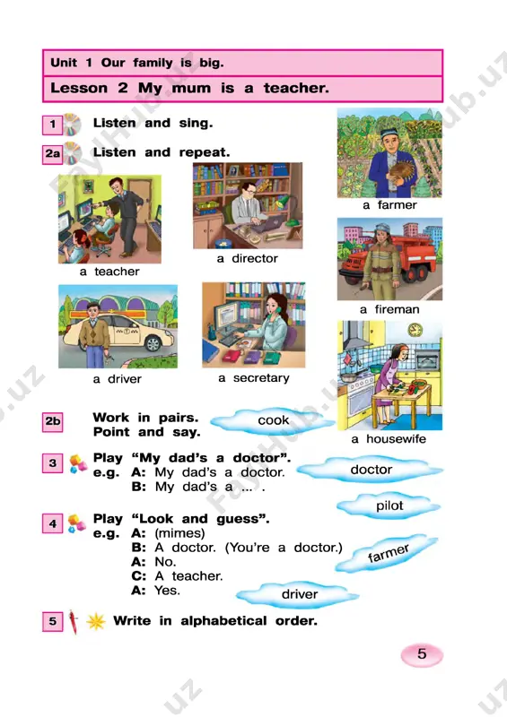 y relatives. men qarindoshlarim iz haqida gapira olaman. e.g . i have an aunt and an uncle. 7) i can m ake my fam ily album. men oilam iz albom ini yasay olaman. lesson 1 our house is big and nice. unit 3 our house |~t] listen and repeat. 2a look, listen ® rep eat. our house ca^ a th ro o m> 2b w ork in pairs. ask and answer, e.g . a: w here’s the fish? . . . ca* , b: in the living room. teddy bear fish clock lamp ball w ork in pairs. m im e and guess. e.g . a: (mimes sleeping) b: a bedroom, (mimes brushing teeth) a: a kitchen. b: no, try again. | 4 | play “room salad”. look and w rite .v s w ork in pairs. listen and say. e.g . a: b-e-d -r-o -o -m . b: bedroom. …