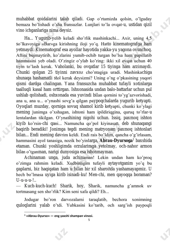 ndi rais bo’ldim, qancha o’g’irlasam, hammasini ayol tanasiga, nozik bo’yinlarga, abrau-dyursoga1 baxshida etaman. chunki yoshligimda orzularimga yetolmay, och-nahor armon bilan o’tganman, narigi dunyosiga esa ishonmayman. achinaman unga, juda achinaman! lekin undan ham ko’proq o’zimga rahmim keladi. xudbinligim tufayli aytayotganim yo’q bu gaplarni, biz haqiqatan ham u bilan bir xil sharoitda yashamayapmiz. u hech bo’lmasa uyiga kirib isinadi-ku! men-chi, men qayoqqa boraman? u-u-u-u-!.. — kuch-kuch-kuch! sharik, hoy, sharik, namuncha g’amnok uv tortmasang sen sho’rlik? kim seni xafa qildi? eh... jodugar bo’ron darvozalarni taraqlatib, bechora xonimning quloqlarini yalab o’tdi. yubkasini ko’tarib, och sarg’ish paypoqli 1 «abrau-dyurso» — eng yaxshi shampan vinosi. 6 tizzalarini, yaxshi yuvilmagan ich kiyimining to’rlarini ko’rsatib, uning so’nggi so’zlarini yutib, itni esa nariga surib tashladi. voy xudoyim-ey. bu qanaqa havo bo’ldi-a?.. voy... qornim hamon burayapti. o’sha go’shtning asorati bu, sasigan go’shtning... qachon bularning oxiri bo’larkin-a? xonim boshini eggancha, bo’ronga qarshi hujumga o’tdi, darvozadan chiqib, ko’chada izg’irin bilan olisha-olisha, qorda …