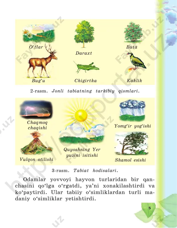 ida bahorgi yomg‘ir suvidan so‘ng qumlar ora- sidan o‘tlar o‘sib chiqadi. bu o‘tlar jazirama yoz- da qurib qoladi. shuning uchun cho‘lda yoz oylarida o‘simliklar kam o‘sadi (10-rasm). 10-rasm. qizilqum manzarasi.htt p:/ /ed up ort al. uz 12 11-rasm. suv isiganda kengayadi. 13-rasm. suv soviganda torayadi. 12-rasm. suv to‘la choynak isiganda toshadi. odamlar va hayvonlar suvsiz yashay olmaydi. shu bois, aytish mumkinki, yer yuzida suvsiz hayot bo‘lmaydi. suvning xususiyatlari. suvning uch holati xavfsizlik qoidalariga rioya qilgan holda quyidagi tajribalarni o‘tkazing. 1-tajriba. kolba olib, uni suv bilan to‘ldiring. uning og‘ziga shisha nay o‘rnating. kolbadagi suvni quruq yoqilg‘i yordamida asta-sekin isiting. bunda kolbadagi suv isigan sari nay ichidagi suv yuqoriga ko‘tarila boradi (11-rasm). demak, suv isiganda kengayadi. shuning uchun choynakka to‘ldirib quyilgan suv isiganda kengayadi va toshadi (12-rasm). 2-tajriba. suv to‘ldirilgan kolba og‘ziga shisha nay o‘rnating. suv nayni to‘ldirib tursin. avval- dan muzlatgichga qo‘yilgan ho‘l lattani olib, kol- bani o‘rang. bunda kolba soviydi. …