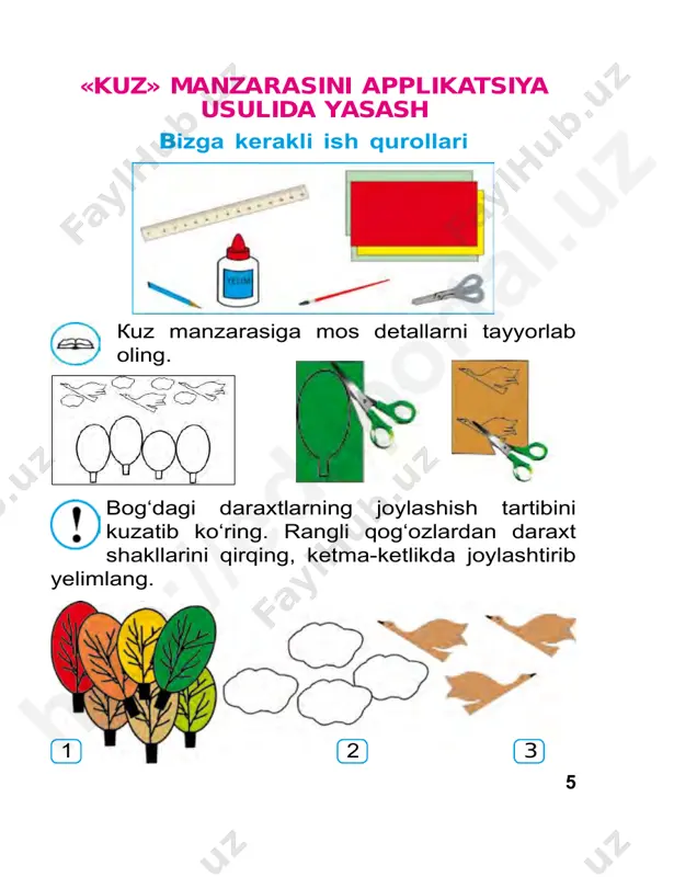 sh ki- ritish mumkin. ularni tayyorlab ko‘ring. qanday ushlagichdan foydalanish qulay? 10 http ://e duporta l.u z 42 igna uchun yostiqcha tikish tartibi bilan tani shing. amaliy ishga ijodiy yondashib, o‘z (igna uchun yostiqcha) mahsulotingizni tayyorlang. igna uchun yostiqcha tikish 43 1 2 http ://e duporta l.u z 43 igna bilan ishlashda xavfsizlik qoidasiga amal qilishni unutmang. 7 8 5 6 http ://e duporta l.u z 44 turli geometrik shakllardan harakatlanuvchi modellar qurish-yasash 1 2 3 4 1 sm 3, 5 s m 10 sm 1 sm 3, 5 s m 5 sm kichik hajmdagi bo‘sh qutichalardan ha rakatlanuvchi mashina modelini yasab ko‘ ring. harakatlanuvchi mashina model qismlarini to‘g‘ri belgilab oling.http ://e duporta l.u z 45 6 5 mashina g‘ildiraklarini yasashda plastmassa qopqoqdan foydalaning. http ://e duporta l.u z 46 haydovchi erta tongdan kun botgunga qa- dar odamlarni o‘z manzillariga bexatar yetib olishlari uchun xizmat qiladi. haydovchilik kasbi doim ziyraklik, …