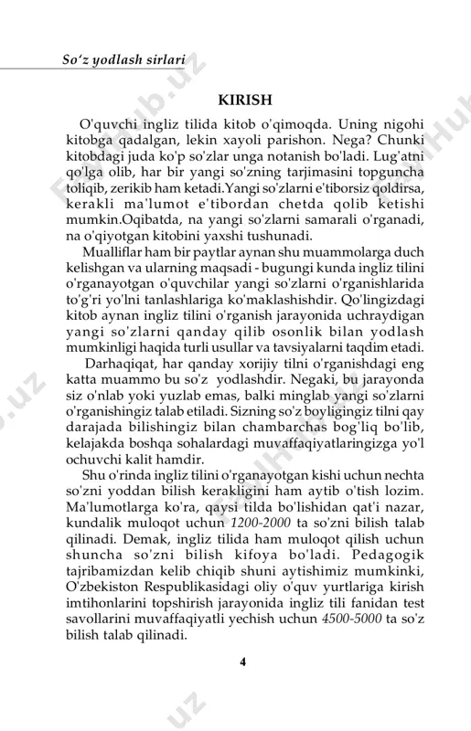 ganasiz. mazkur bob kitobning eng asosiy bobi hisoblanadi. uni iloji boricha yaxshilab, qunt bilan o'qib chiqishga harakat qiling. shuningdek, 4- bobda berilgan mnemonic texnikalarga qo'shimcha tarzda berilgan 7-8 - bobda ham o'ziga xos so'z yodlash usullari berilgan bo'lib, ular sizning yangi so'zlarni yanada samarali yodlashingizga albatta hissa qo'shadi. so'z yodlash usullari bilan yaqindan tanishib chiqqach 5- bobda lug'at tutish san'ati bo'yicha kerakli ko'nikmalarni qo'lga kiritishingiz mumkin. 9-bobni yaxshi o'zlashtirish juda katta ahamiyatga ega. chunki, shu bobda olgan bilimlaringiz yordamida siz qisqa muddat ichida 14 000 (o'n to'rt ming) dona so'zni yodlab olishingiz mumkin!! 6-bob, 10 bob, 11-boblar ushbu kitobda o'rgangan bilim- laringizga yanada mustahkamlash garovi bo'ladi. ularni mutola’angizni oxiriga, desert uchun saqlab qo'yishni tavsiya qilamiz. kitobdan qanday foydalanish kerak 8 so‘z yodlash sirlari 1-bob. mnemonika nima o'zi? mnemonika - o'xshashlik va bog'liqlik asosida xotira hajmini kengaytirish va kerakli ma'lumotlarni eslab qolish uchun ishlab chiqilgan maxsus uslublar to'plamidir. bunda yangi noma'lum …
