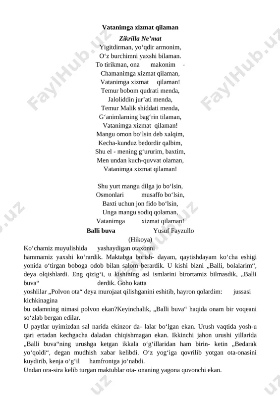 yuzasidan savol-javob o`tkazaman. mavzuni o`quvchilarga o`qitib, oqish malakalaini tahlil qilgan holda baholab boraman. iii.yangi mavzu bayoni: bugun bolasiz, ertaga askar bo‘lasiz(suhbat) muxbir: iskandar aka, ayting-chi, bolalarning tashqi ko‘rinishi, xatti-harakatiga qarab askar- larga xos fazilatlarni bilish mumkinmi? i. rahmonov: albatta mumkin. bolalarning qo‘r- qoq yoki botirligi, dangasa yoki mehnatkash- ligi, chaqqon yoki epchilligi shundoqqina ular- ning harakatidan bilinib turadi. darvoqe, xalqi- mizning „bola boshidan...“ degan iborasi ham bor. muxbir: askar bo‘lish uchun bolajonlarimiz oldindan qanday tayyorgarliklarni ko‘rib borishlari kerak? i. rahmonov: gapi og‘zidan tushib ketadigan, onasining etagiga yopishib, hiqillab yuradigan erkatoylardan chinakam askar va zobitlar chiqmaydi. harbiy xizmatda askarlar juda qisqa fursatda boshdan oyoq kiyinib, safga turishlari kerak. askarning ust-boshi doimo ozoda, kiyimi dazmollangan bo‘lib, poy- abzali yaraqlab turishi shart! bularni unga birov qilib bermaydi. ularni bajarish oson emas. to‘g‘ri, kimki kichikligidan shunaqa fazilatlarga ega bo‘lsa, ularga birmuncha oson bo‘ladi. erkatoylar esa judayam qiynalishadi. bolalarimiz, avval, sog‘- lom bo‘lishlari kerak. sog‘lomlik …