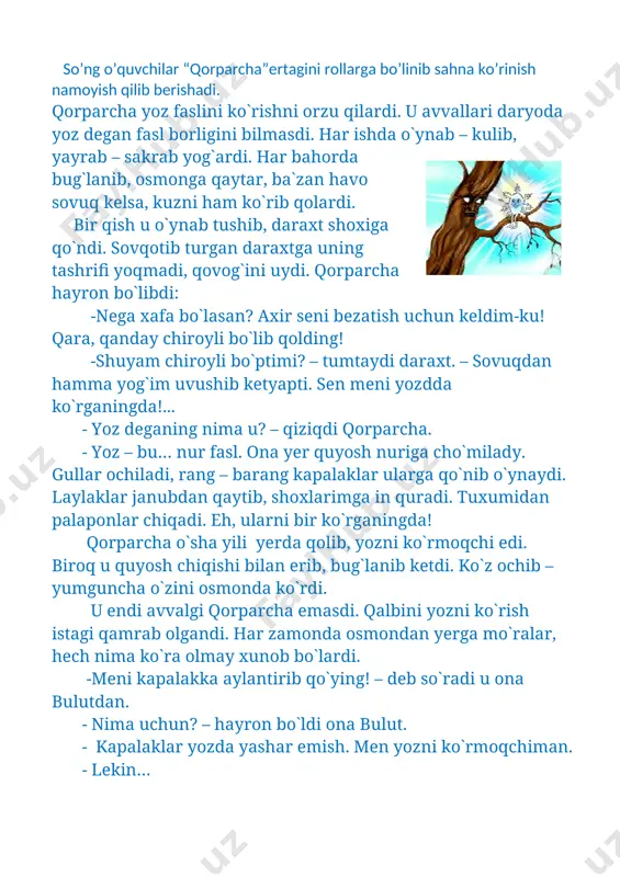 rsatishadi. u qaysi mavzuda, qaysi janrda qalam tebratmasin, eng muhimi, mehnatkash, halol, topqir va chopqir bolalar dunyosini kashf etishga intiladi. shuningdek, do‘stlik, tinchlik, o‘zaro birdamlik, ona vatanni sevish, uni ardoqlash sari da’vat etadi. uning she’rlaridagi bolalarcha samimiylik, beg‘uborlik va to‘g‘rilik shoir asarlarining o‘qishli, qiziqarli bo‘lishini ta’minlaydi. u 1968 yil og‘ir betoblikdan so‘ng 43 yoshida vafot etgan. rebusni yeching [image: e:\d diskdagi\foto\fanlar uchun\animals\00015630.jpg] [image: e:\d diskdagi\foto\56e472ee23b391536c60f242.png] [image: e:\d diskdagi\foto\fanlar uchun\animals\00015627.jpg] [image: e:\d diskdagi\foto\thumb_b0b87b2921b7d96892b66cedba05a0c6.jpg] [image: e:\d diskdagi\foto\fanlar uchun\animals\00015804.jpg] [image: e:\d diskdagi\foto\fanlar uchun\animals\jirafa_01.jpg] [image: e:\d diskdagi\foto\fanlar uchun\animals\00015576.jpg] [image: e:\d diskdagi\foto\fanlar uchun\animals\00015402.jpg] ayamajiz. (qudrat hikmat) biyday cho’l – u dalalar, bo’ralar qor kapalak. bog’lar sokin, mizg’ishar misoli oq kapalak, muz oynalar sovuq yeb, anhorchada qirsillar. tarnovlarda sumalak shodalarichirssillar. saxiy ona tabiat quchog’ida havo sol onda – sonda ko’rinar nursiz, qizg’ish oftob, ayamajiz izg’iydi ko’chalarda tutaqib. shox – shabbani tortqilar yalmog’izdek yutoqib… ko’k maysalar nish urib, yerning baland – pastida, go’zalbahor serkillab yetilar yer ostida. …