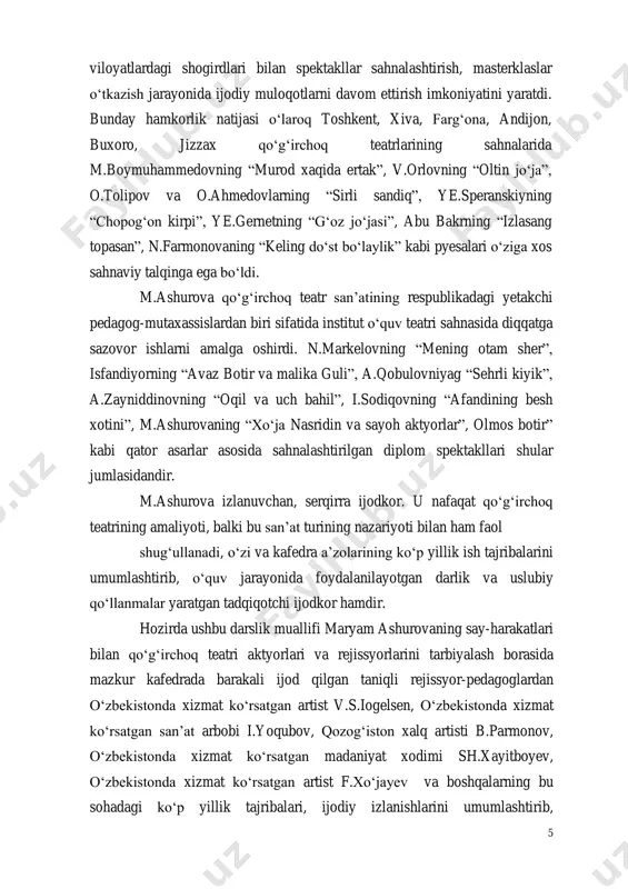 yandiyev. birinchi qism qo‘g‘irchoq teatri san’ati qo‘g‘irchoq teatri san’ati qadimiy va boy madaniyatimizning tarkibiy qismi bo‘lib, o‘zining jozibali yorqinligi va maftunkorligi bilan ajralib turadi. bu san’at voqelikni tasviriy san’at asari-qo‘g‘irchoq personajlar orqali o‘ziga xos uslubda ba’zan jiddiy, ba’zan kulgili, ba’zan hazil, ba’zan esa kinoyali yo‘llar bilan lo‘nda, ravon va qiziqarli qilib ko‘rsata olish imkoniyatiga ega bo‘lgan, betakror san’at turlaridan biridir. xv asirga kelib xuroson va movarounnahirda boshqa san’at turlari 8 qatorida qo‘g‘irchoq teatri ham ancha rivojlanib taraqiy etib keldi. bu davrda qo‘g‘irchoq teatr san’ati tomoshaning mazmuniga, qug‘ichoq yasatilishi va o‘ynatilishiga ko‘ra bir-biridan o‘ta farq qiluvchi “chodir jamol”, “chodir xayol”,“fonus xayol”qo‘g‘irchoq turlari mavjud bo‘lgan. “chodir jamol”-bu qulga kiyilib, barmolqlar orqali harakatga keltiradigan qo‘g‘irchoq turi bo‘lib,bir vaqtning o‘zida qo‘g‘irchoqboz 8-12 ta qo‘g‘irchoqni o‘ynatib tomosha ko‘rsata olgan. “chodir jamol”teatrida ko‘pincha aniq hayotiy voqelik aks ettirilgan bo‘lib, uning ijrochilari polvon kachal bo‘lgan. bu obrozning tashqi ko‘rinishi, yuz tuzilishi uning hamisha xushchaq va sho‘xligidan darak …