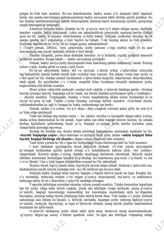 budiy. bugungi mustaqil respublikamizda milliy g‘oyalar bilan oziqlangan yangi aktyorlar sulolasi paydo bo‘ldi va paydo bo‘lmoqda. ozod mamlakatning ozod fuqarosi, vatanparvar davlat arboblari darajasidagi san’atkorlarni tarbiyalab yetishtirish san’at oliy o‘quv yurtlari o‘qituvchilarining vatan oldidagi muqaddas burchidir va bu ta’limtarbiyaning asosiy mezoni hisoblanadi. bu muqaddas vazifani muvaffaqiyatli ado etish uchun esa, nazariy va amaliy bilimlarni puxta egallash, mamlakatimiz ijtimoiy va siyosiy hayotida, millatimiz ongida ro‘y berayotgan ijobiy o‘zgarishlarni san’atkorlar ijrosi orqali tomoshabinga yetkazish birinchi galdagi vazifalardan hisoblanadi. o‘zbekiston qahramoni, o‘zbekiston xalq artisti zikir muhammadjonov bu haqda shunday yozadi: «respublikamiz o‘z mustaqilligiga ega bo‘lganiga 12yildan oshdi. shu qisqa muddatda misli ko‘rilmagan yutuqlar yuzaga keldiki, ularni faqat odamlar yuzaga keltirayapti. barcha sohalarda yangiyangi ajoyib qahramonlar dovrug‘ qozonmoqda. shunday qahramonlarimiz borki, ularga sahna to‘ridan o‘rin berib, ko‘zko‘z qilish vazifamizdir». badiiy saviyani tarbiyalash teatr maktabining asosiy va muhim vazifalaridan biri — talabalarning badiiy saviyasini shakllantirishdan iboratdir. har bir insonning badiiy saviyasi axloqodobi, ma’naviy qiyofasi, badiiyg‘oyaviy …
