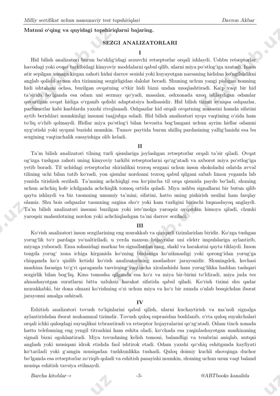 n keyin yonimga qarasam, og‘abekov qip-qizil qonga bo‘yalib yotibdi. sodiqjon ko‘tarib qarasa, hali joni chiqmagan ekan, ko‘zini ochibdi. a) har qanday sharoitda ham harbiy intizomni birinchi o‘ringa qo‘yish tasvirlangan. b) mehr-shafqat tuyg‘usi har qanday urushlardan ustun turishi ko‘rsatib berilgan. c) faqat kuchlilargina jang maydonida omon qolishi ta’sirchan ifodalangan. d) dushman qiyofasida ham insoniylikni ko‘ra olish va olijanoblik tuyg‘usi ifodalangan. 17. erkin vohidov qalamiga mansub quyidagi parcha haqida to‘g‘ri hukmni aniqlang. kajfe'l, kajraftorlar tarbiyasiga kajdumlar qismati ibratdir ayon. jaholat avjida o‘z miyasiga nish urib qo‘yadi ba'zida chayon. a) jaholatdan qutulish uchun chayon kabi jasur bo‘lish kerakligi utirilgan. b) insonning o‘z qilmishi oxir-oqibat o‘zining halokatiga sabab bo‘lishi ta'kidlangan. c) jaholatga qarshi kurashda dushman bilan bir xil usulda kurashish lozimligini uqtirgan. d) chayon orqali o‘z xatolarini anglab, o‘zini isloh qilishga intilgan insonlar madh etilgan. milliy sertifikat uchun namunaviy test topshiriqlari davron akbar barcha kitoblar→ -5- @abtbooks kanalida matnni o‘qing va quyidagi topshiriqlarni bajaring. …