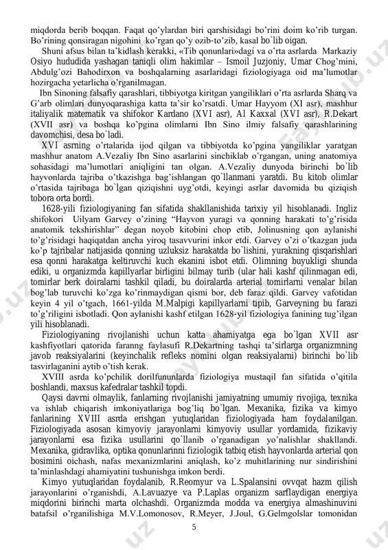 g ikkinchi yarmini eronda hamadon hokimining hakimi va vaziri sifatida o‘tkazdi. 1037-yili hamadonda vafot etdi. jahon ibn sinoni tibbiyot fanining buyuk namoyondasi va ulug‘ mutafakkir sifatida taniydi. uning «tib qonunlari» xii asrda arab tilidan lotinchaga ag‘darilib, qoiyozma shaklida ovro‘po mamlakatlarida tarqala boshladi. bu asar ilk bor chop etilgan kitoblar orasida bo`lib, xviii asrgacha tibbiyotni o‘rganuychi talabalarning va hakimlarning asosiy qo`llanmasi sifatida xizmat qildi. «tib qonunlari» 5 jilddan iborat bo`lib, tibbiyot nazariyasiga, inson organizmining boshidan oyog‘igacha tuzilishi, kasalliklari, ularning oldini olish va davolashga oid ma‘lumotlar majmuasidir. bu asarda odam organizmining faoliyati, fiziologiyasiga doir ma‘lumotlar va fikrlar ham bor. masalan, ibn sino tashqi muhit odam organizmiga kuchli ta‘sir ko‘rsatishi mumkinligiga katta ahamiyat bergan. faqat bir fasldan ikkinchi faslga o‘tish emas, balki kunning tunga ulanishi ham organizmda o‘zgarishlar keltirib chiqaradi, degan. ibn sinoning bolani tarbiyalash va o‘stirish to‘g‘risidagi fikrlari diqqatga sozovor. uning fikricha, bolani chaqaloqlik davridan tozalikda tutib tarbiyalash, sog‘liqni saqlashning asosiy omillaridan …
