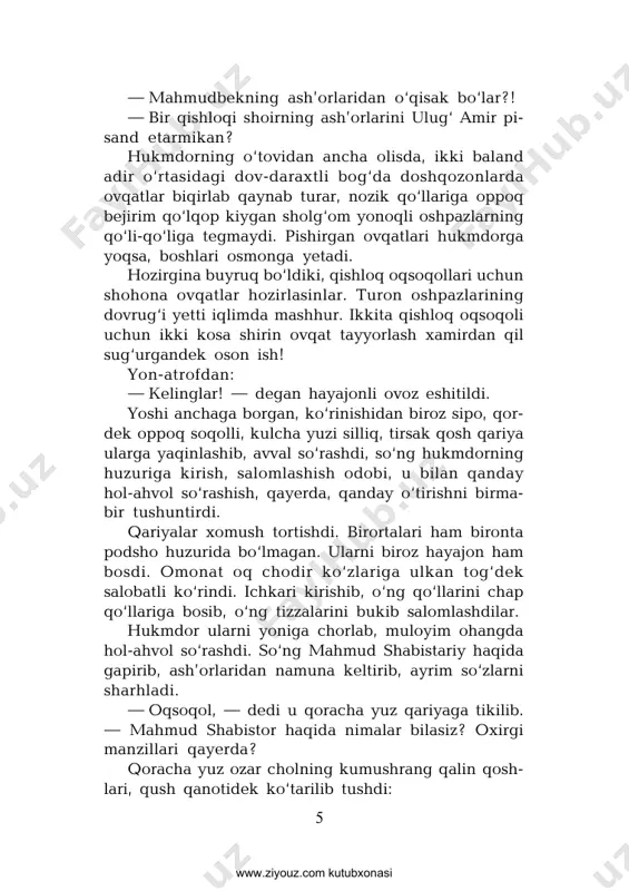 ilar ikki yondan borishar, oldinda yotug‘anini dupura-dupur chalib ketayotgan shovvoz ikki qadam yurib, irg‘ishlab qo‘yar, tanburiga qarab nag‘ma qilardi. yarim yo‘lda ular ortda qolishdi. qishloqning qari-yoshi ulug‘ amirni ko‘rish ishtiyoqida bir-birlarini itarib-turtib oldinga o‘tishga shoshilmoqda. qabriston yoniga kelgach, hukmdor otdan tushib, ariq labidagi maysa ustiga tiz cho‘kdi, cho‘g‘dek gilam- lar, adras ko‘rpachalar xos mulozimlar qo‘lida qoldi. qoracha yuz chol uning jarangdor ovoziga, yurakni sel etuvchi qiroatiga mahliyo bo‘lgancha hamon «hukmdorga qishloq ahlining hisobi nega kerak bo‘lib qoldi?» degan xavotirli o‘y iskanjasida titroqda edi. hukmdor o‘rnidan turib, qabristonga kirdi. qoracha yuz chol pildirab borib, o‘rtadagi do‘ppayib turgan qabrni ko‘rsatdi. hukmdor yana tiz cho‘kib, qur’on tilovat qildi. yuziga fotiha tortgach, o‘rnidan turdi: www.ziyouz.com kutubxonasi 8 — men kim, allohning quli òemurbek amri farmon eturmenkim, bu ulug‘ zotning qabri uzra mo‘jaz maqbara bunyod etilib, shul atrofdan maqbaraga qarashli yer ajratilsin, daromadlar hisobidan bog‘ barpo etilib, shoir qabri ziyoratgohga aylantirilsin! xos mulozimlar, saroy tarixchilarining …