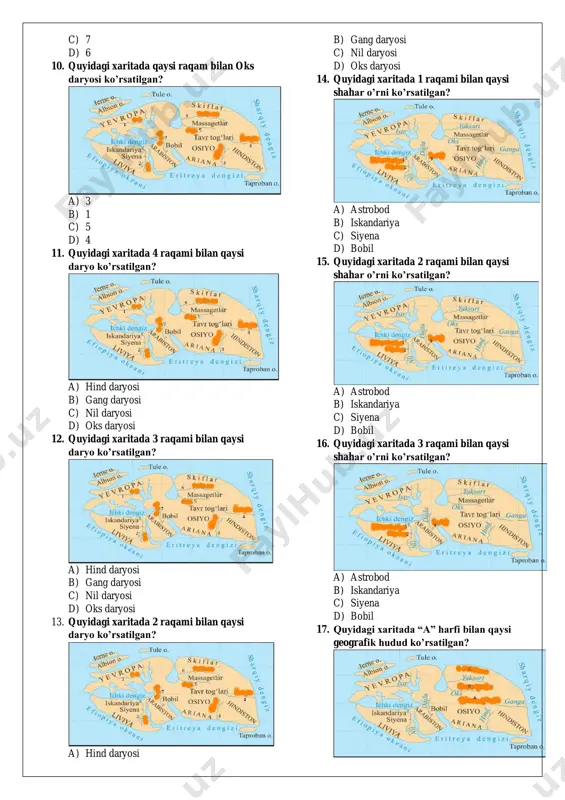 qaysi harf bilan belgilangan? a) a b) b c) c d) d variant № - 4 1. janubiy tropik chizig’i rasmda qaysi harf bilan belgilangan? a) a b) b c) c d) d 2. ekvator chizig’i rasmda qaysi harf bilan belgilangan? a) a b) b c) c d) d 3. a nuqtada yoz fasli bo’lganda, d nuqtada yilning qaysi fasli bo’ladi? a) bahor b) yoz c) kuz d) qish 4. rasmda harflar bilan ko’rsatilgan parallellarning qaysi biri eng uzun? a) a b) b c) c d) d 5. quyidagi rasmdan foydalangan holda uyga yo’nalish azimutini aniqlang. a) 35⁰ b) 40⁰ c) 45⁰ d) 50⁰ 6. quyidagi rasmdan foydalangan holda daraxtga yo’nalish azimutini aniqlang. a) 310⁰ b) 315⁰ c) 320⁰ d) 325⁰ 7. quyidagi rasmdan foydalangan holda quduqqa yo’nalish azimutini aniqlang. a) 130⁰ b) 135⁰ c) 140⁰ d) 145⁰ 8. quyidagi rasmdan foydalangan holda tegirmonga yo’nalish azimutini aniqlang. a) 220⁰ b) …