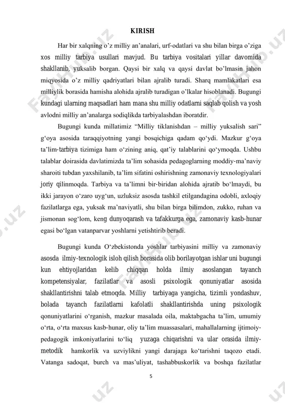 ungi globalashuvning shiddatli va axboriy sharoitida milliy tarbiyaning ijtimoiy-psixologik qonuniyatlarini tadqiq qilish orqali oiladada farzand tarbiyasi uchun tayanch fazilatlarni shakllantirish, mazkur fazilatlarga ularni odatlantirish, tarbiyada tushuntirish, ko‘rsatish, o‘rgatish, namuna bo‘lish kabi ta’sirchan pedagogik-psixologik usullarni isloh qilish va shu orqali milliy, ma’naviy tarbiya tizimini yanada rivojlantirish alohida ahamiyat kasb etadi. milliy tarbiya haqida gap ketganda beixtiyor taniqli ma’rifatparvar abdulla avloniyning “tarbiya biz uchun yo hayot - yo mamot, yo najot - yo halokat, yo saodat - yo falokat masalasidir” degan chuqur ma’noli so‘zlari inson e’tiborini tortadi. ko‘plab olimlar o‘z tadqiqotlarida ma’naviy tanazzulning asosiy omillari bo‘yicha qator izlanishlar olib borishdi, har xil qiziqarli tahliliy ma’lutolar ilmiy asoslandi, lekin bularning ichida odamni tashvishga soladigan bir qaraganda e’tiborsizdek tuyiladigan, lekin oqibati tanazzulga, johillikka olib boradigan bir omil, ya’ni oilada farzand tarbiyasiga e’tiborsizlik, uning psixologik qonuniyatlarini bilmaslik illati millatning ma’naviy tannazulining asosi desak hecham mubolag‘a bo‘lmaydi. 7 yosh avlod tarixiy milliy tarbiya shakllanishining o‘ziga xosliklarini …
