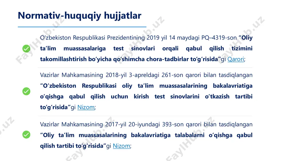 hirish xonasi 2 arizalarni ro’yxatdan o’tkazish xonasi 1 abituriyentlar ma’lumot olishi uchun xona 4 ko’zi ojiz abituriyentlarni ro’yxatga olish xonasi abituriyentlar ma’lumot olishi uchun xona1 abituriyentlar soniga mos ravishda 10 tadan 30 tagacha internet tarmog‘iga ulangan kompyuterlar bo‘lishi maqsadga muvofiq. ➢ oliy va o’rta maxsus ta’lim vazirligining edu.uz va davlat test markazining dtm.uz saytlari orqali oliy ta’lim muassasalari, ulardagi yo‘nalishlar, qabul kvotalari, o’tish ballari kabi ma’lumotlar olinadi; ➢ davlat test markazining dtm.uz sayti orqali fanlar majmuasi mos bo‘lgan 3 tagacha ta’lim yo‘nalishini tanlash imkoniyati o‘rganiladi. arizalarni ro’yxatdan o’tkazish xonasi2 ➢ abituriyentlar hujjatlari ro‘yxatdan o‘tkaziladi; ➢ oliy talim muassasalariga test sinovlarisiz qabul qilinuvchi abituriyentlar hujjatlarining asl nusxasi qabul qilinadi; ➢ qayd varaqasining bir nusxasi abituriyentga beriladi; ➢ ro‘yxatdan o‘tgan abituriyentlar uchun qayd qilish jurnali yuritiladi. abituriyentlar soniga mos ravishda 10 tadan 30 tagacha internet tarmog‘iga va printerga ulangan kompyuterlar bo‘lishi talab etiladi. rasmga tushirish xonasi3 ➢ biometrik pasportga ega bo‘lmagan abituriyentlar …