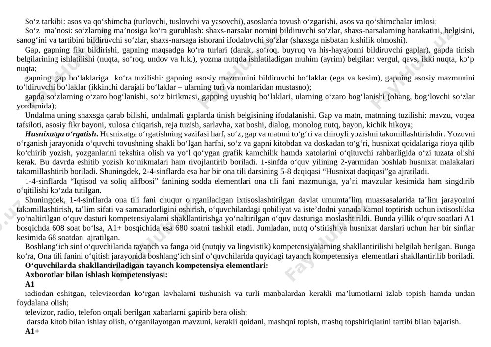 sh va xatolarini tuzatishga harakat qilish, kattalarga, kichiklarga va o‘rtoqlariga yordam berish. ijtimoiy faol fuqarolik kompetensiyasi: a1 maktabda, oilada va turar joylarida bo‘layotgan jarayonlarda (turli tadbirlar va h. k.) ishtirok etish; o‘zining o‘quvchilik burch va huquqlarini, vazifalarini bilish va ularga rioya qilish; davlat ramzlarini bilish, davlat ramzlariga hurmat va ehtirom ko‘rsata olish; maktabda va maktabdan tashqari tadbirlarda (ko‘rik-tanlovlar va h. k.) ishtirok etish hamda muomala madaniyatiga amal qilish; sinfda va oilada o‘z o‘rnini bilish, o‘ziga yuklatilgan vazifalarni anglay olish; o‘zidan kattalarga, o‘rtoqlariga va o‘zidan kichiklarga yordam berish; sinfdagi jihozlar va o‘quv qurollarini asrab-avaylash. a1+ jamiyatda bo‘layotgan voqea, hodisa va jarayonlarga munosabat bildirish milliy va umummadaniy kompetensiyasi: a1 orasta kiyinish va gigienik talablarga amal qilish; maktabning ichki qoidalariga va odob-axloq qoidalariga rioya qilish; yaxshi va yomon odatlarni bir-biridan farqlay olish; milliy bayramlarni, milliy qadriyatlarni, o‘zi yashab turgan tarixiy obidalarni bilish va ularni bir-biridan farqlash. a1+ vatanimizda mustaqillik yillarida bunyod etilgan inshootlarni …