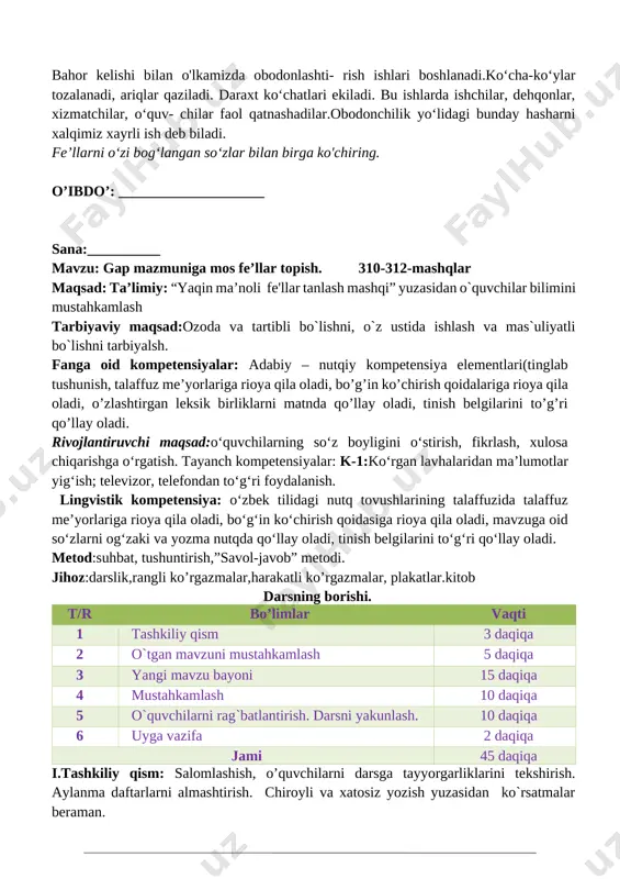 _______________ sana:__________ mavzu: gap mazmuniga mos fe’llar topish. 310-312-mashqlar maqsad: ta’limiy: “yaqin ma’noli fe'llar tanlash mashqi” yuzasidan o`quvchilar bilimini mustahkamlash tarbiyaviy maqsad:ozoda va tartibli bo`lishni, o`z ustida ishlash va mas`uliyatli bo`lishni tarbiyalsh. fanga oid kompetensiyalar: adabiy – nutqiy kompetensiya elementlari(tinglab tushunish, talaffuz me’yorlariga rioya qila oladi, bo’g’in ko’chirish qoidalariga rioya qila oladi, o’zlashtirgan leksik birliklarni matnda qo’llay oladi, tinish belgilarini to’g’ri qo’llay oladi. rivojlantiruvchi maqsad:o‘quvchilarning so‘z boyligini o‘stirish, fikrlash, xulosa chiqarishga o‘rgatish. tayanch kompetensiyalar: k-1:ko‘rgan lavhalaridan ma’lumotlar yig‘ish; televizor, telefondan to‘g‘ri foydalanish. lingvistik kompetensiya: o‘zbek tilidagi nutq tovushlarining talaffuzida talaffuz me’yorlariga rioya qila oladi, bo‘g‘in ko‘chirish qoidasiga rioya qila oladi, mavzuga oid so‘zlarni og‘zaki va yozma nutqda qo‘llay oladi, tinish belgilarini to‘g‘ri qo‘llay oladi. metod:suhbat, tushuntirish,”savol-javob” metodi. jihoz:darslik,rangli ko’rgazmalar,harakatli ko’rgazmalar, plakatlar.kitob darsning borishi. t/r bo’limlar vaqti 1 tashkiliy qism 3 daqiqa 2 o`tgan mavzuni mustahkamlash 5 daqiqa 3 yangi mavzu bayoni 15 daqiqa 4 mustahkamlash 10 daqiqa 5 o`quvchilarni rag`batlantirish. …