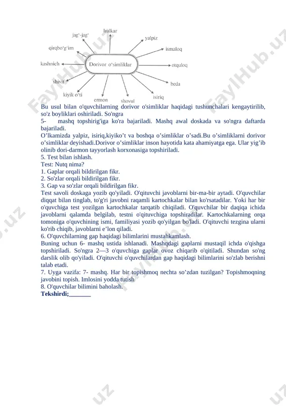 ladi. o'qituvchi ,,0‘zbekiston deganda ko‘z o'ngingizda nimalar jonlanadi?“ degan savol beradi. o'quvchilar o'zbekiston haqida bilgan so'zlarini aytadilar. 0‘qituvchi so'zlarni quyidagi taxlitda doskaga yozib boradi. so'ngra savollar orqali o'quvchilarning o'zbekiston ha-qidagi bilimlari mustahkamlanadi. — o'zbekiston qanday davlat? — o'zbekiston — mustaqil davlat. — vatanimizni qanday so'zlar bilan madh etsak bo'ladi? — serquyosh, chamanzor, go'zal, keng, bepoyon, oltinga kon. — vatanimizni ulug'lash uchun nimalar topdik? — so'zlar. — topgan so'zlaringizdan gaplar tuzingchi. — paxta milliy boyligimiz. xalqlar tinch-totuv yashaydilar. navoiy — g'azal mulkining sultoni. o'zbekistonning o'z bayrog'i, tamg'asi, madhiyasi bor. shahar va qishloqlari go'zal va h. k. o'quvchilar tuzgan gaplardan matn tuzish ham mumkin. 3. husnixat mashqlari o'tkazish. mashq uchun material. bb. buxoro, bayroq. husnixat qoidalari eslatiladi. „lnson go'zalligi husnixatda bilinar!" shiori aytilgach, berilgan harf va so'zlarning har biridan bir qatordan yozish tavsiya etiladi. 4. kitob bilan ishlash. 5- mashqni bajarish. mashqni bajarish-dan oldin klaster usulida o'quvchilarga tanish bo'lgan dorivor o'simliklar aniqlab …