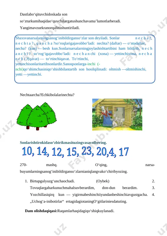 chilishinitushuntiring: 1) 600 : 20 = 600 : 20 = (6 ⋅ 100) : (2 ⋅ 10) = (6 : 2) ⋅ (100 : 10) = 3 ⋅ 10 = 30 2) 900 : 300 = 900 : 300 = (9 ⋅ 100) : (3 ⋅ 100) = (9 : 3) ⋅ (100 : 100) = 3 ⋅ 1 = 3 716-misol 40 : 20 600 : 30 800 : 20 400 : 200 80 : 40 800 : 40 900 : 30 600 : 300 [image: images (1)]dam olishdaqiqasi: barmoqlarhaqidainglizchaqo’shiqkuylanadi. iv bosqich: yangimavzunimustahkamlash 717-masala. (og‘zakibajariladi) 718-masalani yeching.supermarketga 20 ta yashikda 400 ta «nestle» suvikeltirildi. harbiryashikdanechtadan «nestle» bor? 6 719. bo‘shkataklarga 5 yoki 6 son lariniqo‘ying. harbirqatorvaustundagisonlaryig‘indisi 17 chiqsin. v bosqich:.oquvchilarnibaholashvarag`batlantirish vi.bosqichuygavazifa. 720 -misol 60 : 30 400 : 20 700 : 70 600 : 200 80 : 20 500 : 50 900 : 30 800 : 400 721-masala 8 …