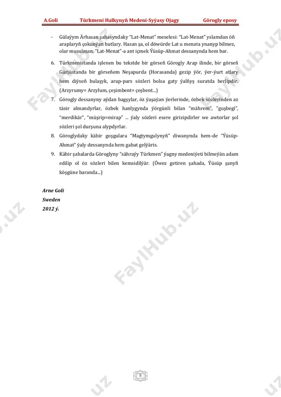 lynyň arasyny üzmek mümkin däl».2 gündogarşynas alym ý. e. bertels'iň görogly barada aýdan bu sözleri örän ýerlikli. keseki ýurt basybalyjylaryň garşysyna gaýduwsyz göreşýän halk üçin elmydama parasatlylyk bilen ýolbaşçlyk eder ýaly, her bir tarapdan gözli, ukyply hem öz şahsy hereketleri bilen görelde bolup bilýän ýolbaşçy—serdar zerur bolupdyr. türkmen halkynyň arasynda giňden ýaýran «baş bolmasa, göwre läş» diýen parasatly nakyl ençeme wakalaryň netijesinde döräpdir. taryhdan belli bolşy ýaly, türkmen halky köp sanly basybalyjylaryň garşysyna asyrlaryň dowamynda göreşip gelipdir. şol zerarly halk köpçüligi ähli zadyny, özüni hem erkinligini goranmaga uýgunlaşdyrypdyr. her bir türkmen balasyna sallançakdan başlap at, ýarag, batyrlyk, duşmana gaýtawul bermek, il-güne, ýurda wepalylyk ýaly, gerekli terbiýe berlip başlanýar: meniň oglum han ýigit, eker bagynda çigit, atlanyp awa gitse, ýanynda segsen ýigit. segsen ýigidiň serdary, öz iliniň gurbany. ýaş ýigit goýun-guzy kökermegi, atlara, düýelere öz diýenini etdirmegi başarmaly. eger durmuş talap etse, daýhan bolmaly, çarwa bolmaly, zerur bolsa ata çykmaly, özgelere …