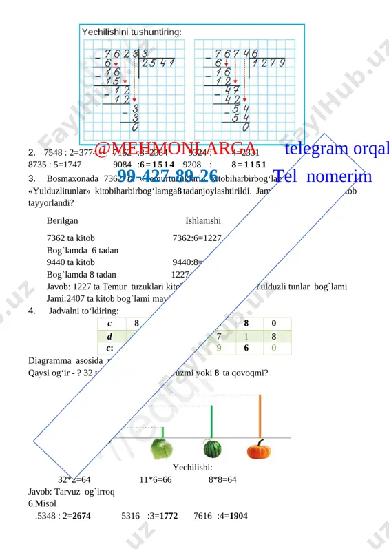 ing eni 2m 35 sm, uzunligi endian 2 marta uzun xonaning perimetri qancha/ 235*2=470 470+235=705 javob xonaning perimetri 7 m 5 sm 6.eng kamida nechta halqani ochib yopib, o`n beshta halqadan yaxlit bitta zanjir hosil qila olasiz [image: ] yechilishini tushuntiring: vi. o`quvchilarni baholash va uyga vazifa: darsda faol qatnashgan, doskada misol masala bajargan va birinch bo`lib bajargan o`quvchilarni baholayman.uyga vazifani e`lon qilaman. uyga vazifa 7-8misol. bajarilishi yuzasidan ko`rsatma berib darsni yakunlayman. 7 misol 2222:11=202 3750:30=125 3990:19=210 2769:13=213 4960:16=310 4620:22=210 [image: c:\users\sayyod\desktop\uk32014-uzbekistan-airways-airbus-a320-200.jpg]8.samolyot 1815 km masofani uchib o`tdi. sayyoh esa shu vaqtda 11 km yo`l yurdi.samolyot sayohdan necha marta ko`p yo`l bosib o`tgan/ yechilishi 1815:11=165 javob samolyot sayyohdan 165 marta ko`p yo`l bosib o`tgan o’tibdo’ __________ ______________________ sana____________202__yil mavzu: bo‘lishni tekshirish. darsning maqsadi: ta’limiy: o’quvchilarni “bo‘lishni tekshirish” xossalari bilan tanishrirish, bilim ko`nikma hosil qilish. tarbiyaviy: sport bilan shug`ullanishni targ`ib qilish, ish bajarishda tozalikka, ozodalikka, tartibga rioya qilishga o`rgatish. rivojlantiruvchi: o’quvchilarda matematik …