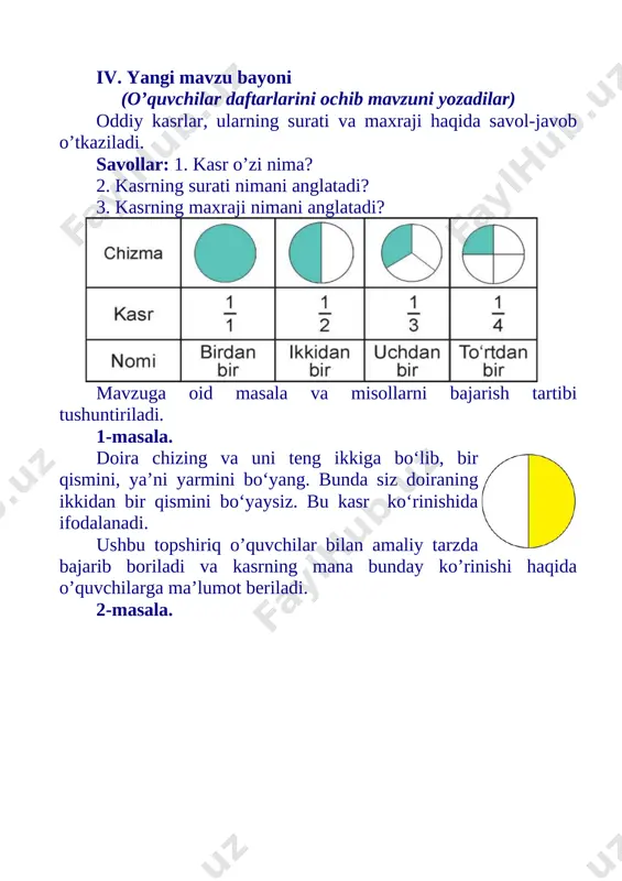 an. beruniy, al-farg’oniy, jahon suygan alloma, horazmiy bobomdan, qolgan buyuk dilnoma. qo’shish ayrish,kesmasi, har joyda kor bo’ladi, fanlarning eng keksasi, matematika bo’ladi. uyga vazifani e`lon qilaman. uyga vazifa: 6-7-misol. bajarilishi yuzasidan ko`rsatma berib darsni yakunlayman. 6. 8 ta yashikdagi xurmo jami 96 kg. bitta yashikda qancha xurmo bor? 96 ning sakkizdan bir qismi nechaga teng? 96 kg:8=12kg javob: 1 ta yashikga 12 kg xurmo joylashtirilgan. 96 ning 8dan 1qismi 12 ga teng bo’ladi..! 7. uzunligi 8 cm bo‘lgan uchta kesma chizing. ularni 8 ta teng bo‘lakka bo‘ling. kesmalarning sakkizdan ikki, sakkizdan besh va sakkizdan yetti bo‘laklarining uzunligini toping va bo‘yang. a 8 sm b [image: ] [bookmark: _goback] image5.emf image6.wmf 2 1 oleobject2.bin image7.emf doira nechta teng qismlarga bo ‘ lingan? ularning nechta bo ‘ lagi bo ‘ yalgan ? kasr ko ‘ rinishida ifodalang. image8.wmf 4 4 oleobject3.bin image9.wmf 4 3 oleobject4.bin image10.wmf 4 2 oleobject5.bin image11.wmf 4 1 …
