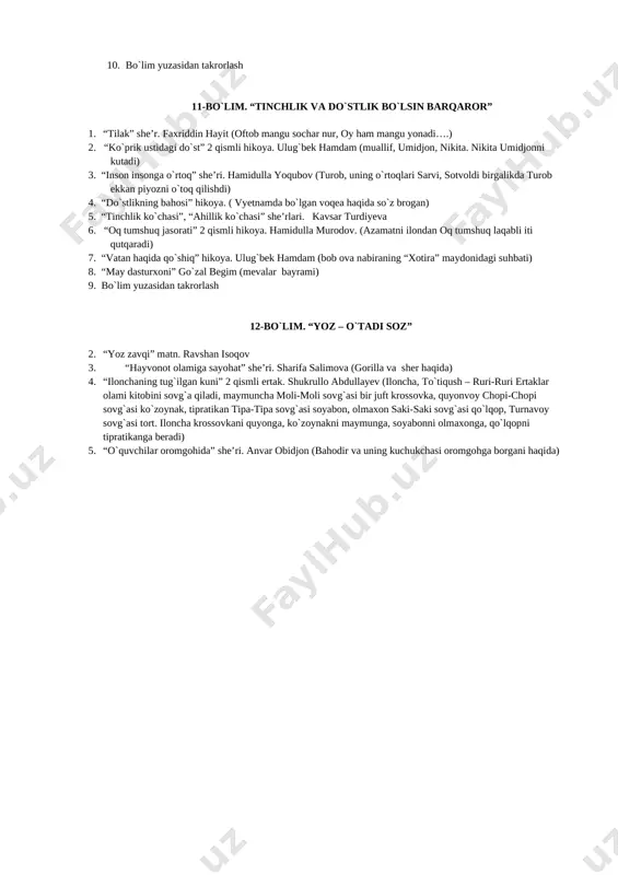 avridagi notinch mamlakatlar haqida so`z boradi) 7. “vatan himoyachisi” hikoya. shukrullo abdullayev. (tarbiyachi donoxon opa, jasurbek tulkini o`ynashni xohlamaydi, sher rolini o`ynaydi. katta bo`lganida general bo`ladi) 8. bo`lim yuzasidan takrorlash 7-bo`lim. “ ulug`lardan o`rganmoq – oqillik” 1. “qutadg`u bilig” haikmatlari 2. “jaloliddin manguberdi” hikoya. mirkrim osim. (chingizxon to`g`onni buzib yuboradi) 3. “buyuk bobomizning buyuk himmatlari” 2-qismli hikoya. xudoyberdi to`xtaboyev ( amir temur va al-ahrom qal’asini himoya qilib sir tushgan o`g`lini qutqargan ona haqida) 4. “alpomishning bolaligi” ertak.(hakimbek bilan barchinoy 4 yoshda madrasaga borishadi, hakimbek 6 yoshida qosim mergandan yoy tortishni o`rganadi. alplarning boshlig`i rustami doston, oxiri alpomish) 5. “so`nggi damgacha” abdusodiq irisov ( abu rayhon beruniy haqida) 6. “ibn sinoning shogirdlari” rivoyat (ibn sino o`rniga 5 tabibni qoldiradi: tozalik, parhez, badantarbiya, mizoj, kayfiyat) 7. “bolari bilan pashsha” masal. abdulla avloniy (mehnatning oxiri rohat, yalqovlikning oxiri xorlikdir degan g`oya ilgari surilgan) 8. “donolarning donosi” 2-qismli rivoyat. abduqodir hayitmetov (a. navoiy haqida) …