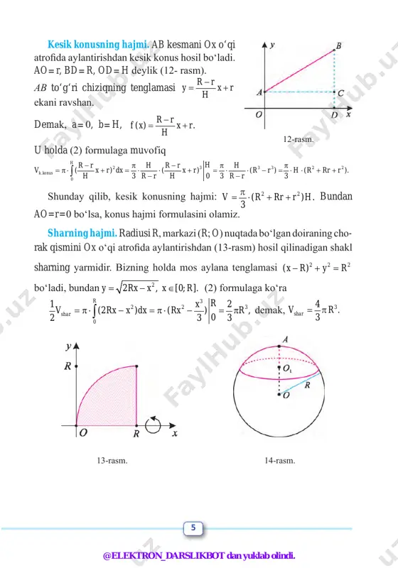 n ketadigan f kuch bajargan ish bu holda 0.09 2 0 0,09 1000 1000 500 0,0081 4,05(j). 02 xa xdx= = ⋅ = ⋅ =∫ mashqlar 51. y=–x2+4x parabola, (4;0) va (0;4) nuqtalar orqali o‘tuvchi to‘g‘ri chiziq bilan chegaralangan shakl yuzini toping. 52. f (x)=2x – 2 funksiya grafigi va uning f (0)=1 shartni qanoatlanti- ruvchi boshlang‘ich funksiyasi bilan chegaralangan shakl yuzini toping. quyidagi chiziqlar bilan chegaralangan shakl yuzini toping. mos rasm chizing (53–54): 53. 1) 2 ,y x= 21 ;y x= − 2) 1 ,y x = 0,y = 1,x = 4;x = 3) 2 2 ,y x x= − 24 ;y x= − 4) 1 ,y x = 0,y = 1,x = ( 1).x a a= > 54. 1) 2 , 3 xy = 224 ; 3 y x= − 2) 2 ,y x= 22y x= 2y = ; 3) 2 ,y x= 2 , 2 xy = …