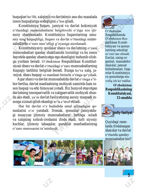 man etilmagan, taqiqlanmagan har qanday xatti-harakatlarni sodir etish mumkin bo‘ladi va buning uchun yuridik ja- vobgarlik kelib chiqmaydi. ikkinchi prinsipning ma’nosi shundaki, bunda dav- lat idoralari va mansabdor shaxslar o‘zlarining qonunda belgilangan vakolatlari doirasida, ularga aynan mos ra- vishda harakatlanishlari lozim bo‘ladi. 6 jahling chiqqa- nida so‘zlaring- ga diqqat qil... kattalardan oldin yurma. birov gapirayot- ganida oraga gap suqma. luqmoni hakim oʻzbekiston – boshqaruvning respublika shakliga ega boʻlgan suveren, demokratik, huquqiy, ijtimoiy va dunyoviy davlat.davlatning “oʻzbekiston respublikasi” va “oʻzbekiston” degan nomlari bir maʼnoni anglatadi. o‘zbekiston respublikasining konstitutsiyasi, 1-modda 1. «shaxs — jamiyat — davlat» munosabatlari- ga misol keltiring. 2. o‘zbekiston respublikasi konstitutsiyasida davlat mustaqilligi, davlat boshqaruvi, davlat tuzilish shakli va siyosiy tartibot qanday ifo- dalangan? fikringizni asoslang. 3. o‘zbekiston respublikasi konstitutsiyasining 7-moddasini o‘qing. xalq hokimiyatchiligi deganda nimani tushunasiz? 4. o‘zbekiston respublikasi konstitutsiyasida mustahkamlangan huquqlaringizni bilasizmi? 5. ularni to‘laqonli amalga oshirishda sizning qanday ishtirokingiz mavjud? 6. inson huquqlari va burchlari o‘rtasida …