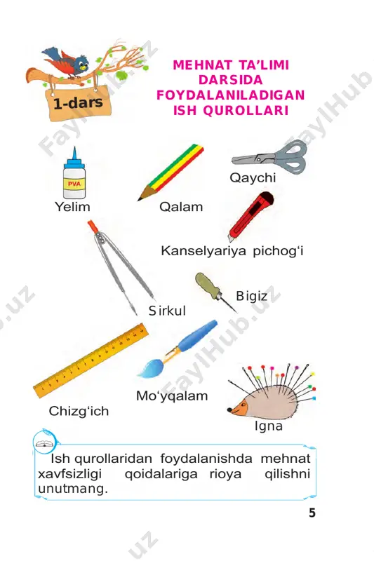 sash kerakli ish qurollarini tayyorlab oling. 25-dars 1 2 24 sm 16 s m 16 s m 12 sm 57 o‘lchami va rangini to‘g‘ri tanlang. 7 6 4 3 5 8 9 58 10 11 12 13 14 15 18 19 20 16 17 59 oyijonim, qutlug‘ bo‘lsin, go‘zal bahor bayramingiz. quchog‘ingiz gulga to‘lsin, shodliklarga har damingiz. ollobergan po‘lat 60 qog‘ozni buklash usulida gullar yasash lola guli qanday ranglarda bo‘ladi? 1 2 3 26-dars 61 lola qaysi faslda va qayerlarda o‘sadi? 1 2 3 4 5 mustaqil bajaring. 62 applikatsiya usulida gullarni yasang. mustaqil yasang. 63 applikatsiya «bahor» 27-dars yumshoq salfetka qog‘ozidan foyda- laning. 2 3 4 1 5 64 6 detallarni chizing va qirqib oling. 65 navro‘z bayramiga tabriknoma yasash28-dars qozonlarda sumalak, yoziq dasturxon. navro‘z bayram muborak, ey, o‘zbekiston! rauf tolib 1 2 12 sm 16 s m 66 tabriknoma bezaklarini tayyorlab oling. 3 qushlarga g‘amxo‘rlik qiling! 67 navro‘z …