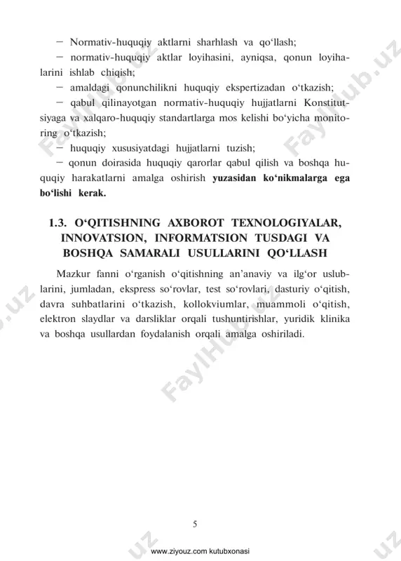 sh; – uchinchidan, qabul qilingan qonunlarga og‘ishmay amal qilish mexanizmini ishlab chiqish va ijtimoiy hayotning barcha jabhalarida qonun ustuvorligini ta’minlash; www.ziyouz.com kutubxonasi 7 – to‘rtinchidan, sudlov islohotini amalga oshirish yo‘li bilan butun sud tizimini demokratlashtirish; – beshinchidan, aholi, ayniqsa, yoshlar va mansabdor shaxslar o‘rtasida huquqiy tarbiya ishlarini tubdan yaxshilash, ularning huqu- qiy ongi va madaniyatini oshirish. inson huquqlari muammosi – hozirgi zamonning eng dolzarb muammolaridandir. inson huquqlari – bu jamiyatning eng oliy qadriyati, himmatidir. inson huquqlari – bu butun insoniyatning intilishlari, orzu-umidlarini o‘ziga jamlagan keng qamrovli tushun- chadir. inson huquqlari – bu hozirgi taraqqiyotning asosi va davr talabidir. inson huquqlari – bu demokratik huquqiy davlatning eng muhim belgisidir. inson huquqlari har bir davlatning demokratik taraqqiyoti darajasini ko‘rsatuvchi muhim mezondir. shuning uchun ham inson huquqlari xalqaro huquqda va milliy huquqiy tizimda muhim o‘rin tutadi. insoniyat o‘z tarixiy rivolanishi jarayonida inson huquqlariga oid qonunchilik – bu inson va fuqaro huquqlari hamda erkinliklari …