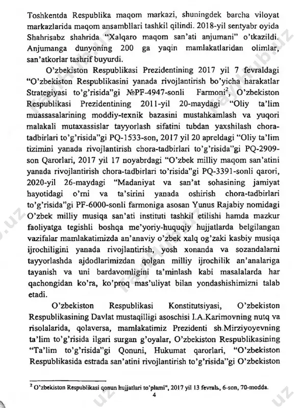 ndalik ijodiyoti an’anaviy xonandalik ijrochiligi tarixidan mamlakatimiz hududidan topilgan turli arxeologik topilmalar og’zaki an’anadagi kasbiy musiqa ijodi ildizlarini juda chuqur ekanligidan dalolat beradi. eng qadimgi quldorlik davlatlari xorazm, sug’diyona, yunon-baqtriya, kushon podsholigi davrlarida o’zbek milliy musiqa madaniyatini gullab-yashnaganligi va u aholining ijtimoiy, siyosiy hayotida muhim rol o ’ynaganligini ko’rishimiz mumkin4. bunda xalq og’zaki poetik ijodning dastlabki kurtaklarida ajdodlarimizning tabiat haqidagi qadimiy tasawurlari, ulaming tabiatdagi yovuz kuchlariga qarshi kurashlari ifoda etilgan bo’isa, keyinchalik, u insonlaming ma’naviy-ijtimoiy ehtiyojlarini qondirish vositasiga aylandi. vaqtlar o’tishi bilan qadimiy xalq og’zaki musiqa ijodi kasbiy ko’rinish shakllarini o’zida ifoda eta boshladi. islomgacha va islom dinining o’rta osiyoga yoyilishi davrida, o’rta asrlarda, temuriylar saltanati davrida, turkiston o’lkasi sifatidagi hayotida, buxoro amirligi, qo’qon va xiva xonliklarining har birida o’ziga xos og’zaki ijodning turli shakllari va yuksak namunalari paydo bo’ldi. ayniqsa, bayramona qo’shiqlar, ommaviy xalq tomosha san’ati, dorbozlik, qo’g’irchoqbozlik usulidagi qo’shiq va musiqa asarlari yaratilganligi xalqimizning ijodkorlik xususiyatlariga tobe ekanligidan …