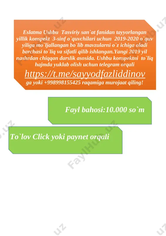 malar kiradi? v. uyga vazifa: mavzuga oid tasvirlar ishlash va sinf ishlarini yakunlash.. o’ibdo’. _____________________ ____________________________ sana.________________ sinflar.____________________ mavzu: “poliz ekinlari” mavzusida natyurmort ishlash. maqsad: ta’limiy: o'quvchilami natyurmort chizish, qalam va mo'yqalam bilan ishlash malakalarini o'stirish. tarbiyaviy: badiiy-estetik didni o'stirish, kuzatuvchanlik va emotsional sezgirligini takomillashtirish. rivojlantiruvchi: bilish faolliklarini takomillashtirish , emotsionai-estetik sezgirligini rivojlantirish . o’tish usuli: tushuntirish , suhbat, ko’rsatmalilik. dars jihozi: mevalar natyurmorti aks ettirilgan rassomlar asarlarining reproduktsiyalari, slaydlar, rasmlar. dars elementlari i ii iii iv v davomiyligi 3 5 20 10 7 darsning borishi: i. darsni tashkil qilish. 1. salomlashish. 2. davomatni aniqlash. 3. o’quvchilarni darsga tayyorlash. ii. uy vazifani tekshirish: oldingi mavzu yuzasidan rasmni tekshirish. iii. yangi mavzu bayoni. natyurmort janrida ijod qilgan rassomlardan rahimahmedov, laylo salimjonova, g'. abdiraxmonov, yu. yelizarovlar haqidaqisqacha to'xtalib o'tiladi. rassom viktor ivanovich ufimsevni "nastarin","dala gullari", "moviy gullar", "baqlajonlar" kabi ishlaridan ayrimlarigabolalar e'tibori qaratilib, ular o'quvchilar bilan birgalikda tahlil qilinadi.o'qituvchi darslikda berilgan rasmlar …