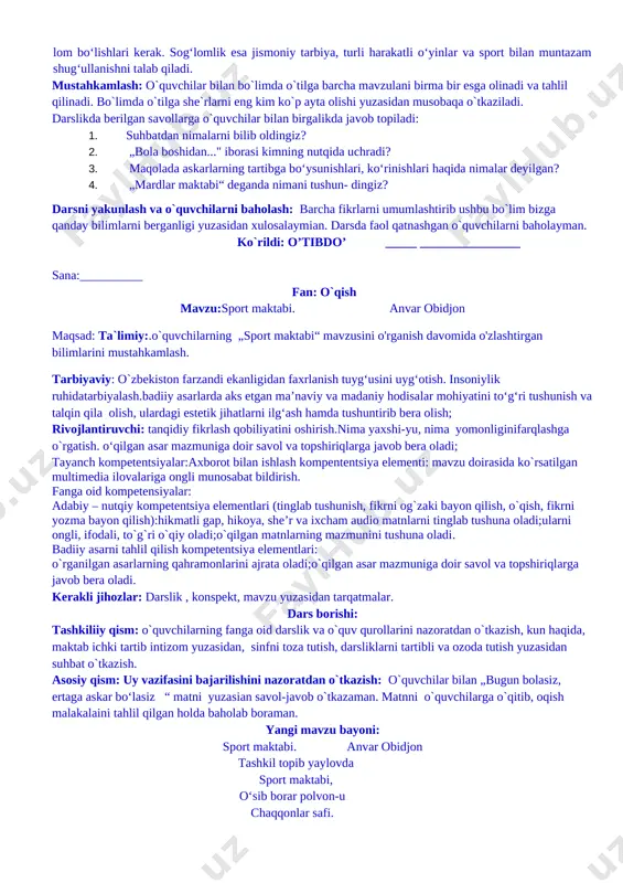 alar:axborot bilan ishlash kompententsiya elementi: mavzu doirasida ko`rsatilgan multimedia ilovalariga ongli munosabat bildirish. fanga oid kompetensiyalar: adabiy – nutqiy kompetentsiya elementlari (tinglab tushunish, fikrni og`zaki bayon qilish, o`qish, fikrni yozma bayon qilish):hikmatli gap, hikoya, she’r va ixcham audio matnlarni tinglab tushuna oladi;ularni ongli, ifodali, to`g`ri o`qiy oladi;o`qilgan matnlarning mazmunini tushuna oladi. badiiy asarni tahlil qilish kompetentsiya elementlari: o`rganilgan asarlarning qahramonlarini ajrata oladi;o`qilgan asar mazmuniga doir savol va topshiriqlarga javob bera oladi. kerakli jihozlar: darslik , konspekt, mavzu yuzasidan tarqatmalar. dars borishi: tashkiliiy qism: o`quvchilarning fanga oid darslik va o`quv qurollarini nazoratdan o`tkazish, kun haqida, maktab ichki tartib intizom yuzasidan, sinfni toza tutish, darsliklarni tartibli va ozoda tutish yuzasidan suhbat o`tkazish. asosiy qism: uy vazifasini bajarilishini nazoratdan o`tkazish: o`quvchilar bilan „balli buva“ matni yuzasian avol-javob o`tkazaman. matnni o`quvchilarga o`qitib, oqish malakalaini tahlil qilgan holda baholab boraman. yangi mavzu bayoni: [image: c:\users\acer\appdata\local\temp\finereader11.00\media\image77.jpeg] [image: c:\users\acer\appdata\local\temp\finereader11.00\media\image23.jpeg] bugun bolasiz, ertaga askar bo‘lasiz (suhbat) muxbir: iskandar …