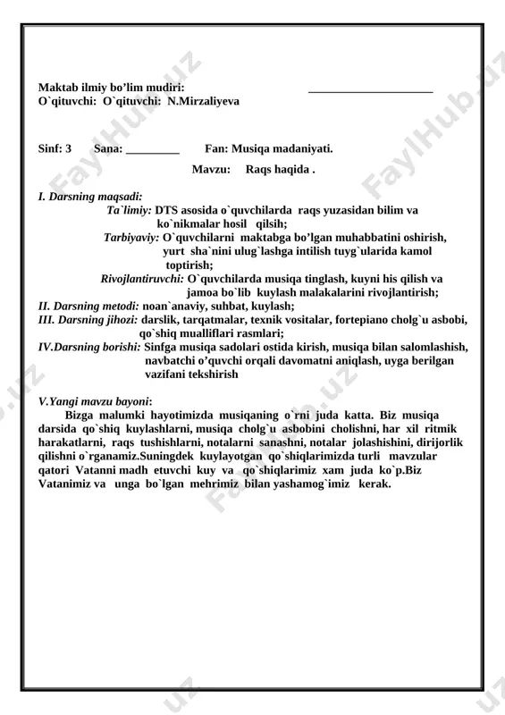 f:3 sana: ____________ fan: musiqa madaniyati. mavzu: pauza haqida tushuncha . i. darsning maqsadi: ta`limiy: dts asosida o`quvchilarda pauza haqida bilim va ko`nikmalar hosil qilsih; tarbiyaviy: o`quvchilarni do’st, inoq ahil ,mehribon, yurt sha`nini ulug`lashga intilish tuyg`ularida kamol toptirish; rivojlantiruvchi: o`quvchilarda musiqa tinglash, kuyni his qilish va jamoa bo`lib kuylash malakalarini rivojlantirish; ii. darsning metodi: noan`anaviy, suhbat, kuylash; iii. darsning jihozi: darslik, tarqatmalar, texnik vositalar, fortepiano cholg`u asbobi, qo`shiq mualliflari rasmlari; iv.darsning borishi: sinfga musiqa sadolari ostida kirish, musiqa bilan salomlashish, navbatchi o’quvchi orqali davomatni aniqlash, uyga berilgan vazifani tekshirish v.yangi mavzu bayoni: qo`shiq yoki kuyning biron yerda tovushlarning to`xtatilishi yoki tinishi pauza deyiladi. pauzalar butun, yarimtalik, choraktalik, nimchorak, 16 talik, 32 talik, 64 talik bo`ladi. vi. jamoa bo’lib kuylash: bolalik . [image: image16.png] vii. musiqa tinglash: sinf fonotekasidan ”feruz”g’ro’ziboyev musiqasini tinglang [image: image17.png] viii. musiqa savodi: 3/4 o’lchovida dirijorlik harakatlari,quyidagi kuyni dirijorlik qilib, notalarni aniq, ravon va sof tovush bilan …