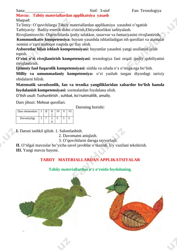 ensiyasi: sxemalardan foydalana olish. o’tish usuli: tushuntirish , suhbat, ko’rsatmalilik, amaliy. dars jihozi: mehnat qurollari. darsning borishi: dars elementlari i ii iii iv v vi davomiyligi 1 7 20 5 5 5 i. darsni tashkil qilish. 1. salomlashish. 2. davomatni aniqlash. 3. o’quvchilarni darsga tayyorlash. ii. o’tilgal mavzular bo’yicha savol javoblar o’tkazish. uy vazifani tekshirish. iii. yangi mavzu bayoni. lagan yasash [image: ] [image: ] [image: ] iv. darsni mustahkamlash; oshxona idishlariga nimalar kiradi? oshpaz – iste’mol mahsulotlaridan turli xil vitaminga boy va mazali ovqatlarni tayyorlash bilan shug‘ullanuvchi kasb egasi. [image: ] [image: ] v. o`quvchilarning olgan baholari kundaliklariga va daftarlariga qo`yiladi. [image: ] uyga vazifa: mustaqil bajarib keeling. o’tibo’ ____________ sana:___________________ sinf: 3-sinf fan: texnologiya mavzu: kartondan harakatlanuvchi o‘yinchoqlar yasash maqsad: ta’limiy: o’quvchlarga kartondan harakatlanuvchi o‘yinchoqlar yasashni o’rgatish tarbiyaviy: badiiy-estetik didni o'stirish,ehtiyotkorlikni tarbiyalash. rivojlantiruvchi: o'quvchilarda ijodiy tafakkur, tasavvur va fantaziyasini rivojlantirish, kommunikativ kompetensiya: buyum yasashda ishlatiladigan ish qurollari va …