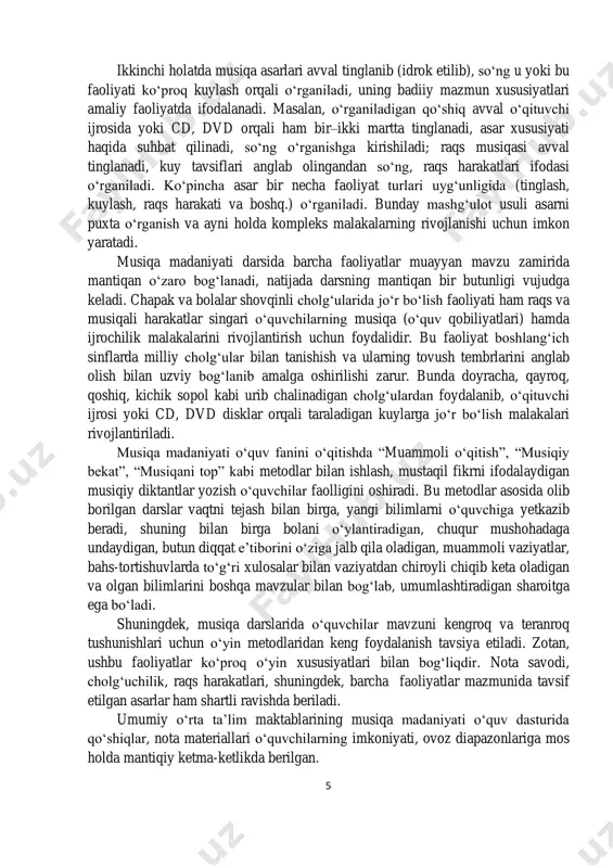 niyati darsida barcha faoliyatlar muayyan mavzu zamirida mantiqan o‘zaro bog‘lanadi, natijada darsning mantiqan bir butunligi vujudga keladi. chapak va bolalar shovqinli cholg‘ularida jo‘r bo‘lish faoliyati ham raqs va musiqali harakatlar singari o‘quvchilarning musiqa (o‘quv qobiliyatlari) hamda ijrochilik malakalarini rivojlantirish uchun foydalidir. bu faoliyat boshlang‘ich sinflarda milliy cholg‘ular bilan tanishish va ularning tovush tembrlarini anglab olish bilan uzviy bog‘lanib amalga oshirilishi zarur. bunda doyracha, qayroq, qoshiq, kichik sopol kabi urib chalinadigan cholg‘ulardan foydalanib, o‘qituvchi ijrosi yoki cd, dvd disklar orqali taraladigan kuylarga jo‘r bo‘lish malakalari rivojlantiriladi. musiqa madaniyati o‘quv fanini o‘qitishda “muammoli o‘qitish”, “musiqiy bekat”, “musiqani top” kabi metodlar bilan ishlash, mustaqil fikrni ifodalaydigan musiqiy diktantlar yozish o‘quvchilar faolligini oshiradi. bu metodlar asosida olib borilgan darslar vaqtni tejash bilan birga, yangi bilimlarni o‘quvchiga yetkazib beradi, shuning bilan birga bolani o‘ylantiradigan, chuqur mushohadaga undaydigan, butun diqqat e’tiborini o‘ziga jalb qila oladigan, muammoli vaziyatlar, bahs-tortishuvlarda to‘g‘ri xulosalar bilan vaziyatdan chiroyli chiqib keta oladigan …