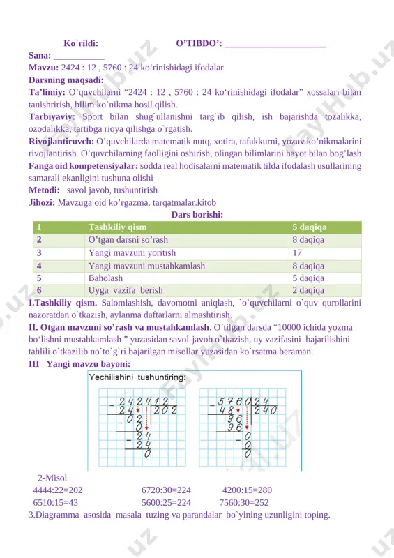 larda matematik nutq, xotira, tafakkurni, yozuv ko’nikmalarini rivojlantirish. o’quvchilarning faolligini oshirish, olingan bilimlarini hayot bilan bog’lash fanga oid kompetensiyalar: yangi dars texnologiyalari orqali o’quvchilardagi fikriy bog’liqlikni, mantiq va xotiraning rivojlanishiga imkoniyat yaratish, qandaydir muammoni hal qilishda o’z fikrini ochiq va erkin ifodalash mahoratini shakllantirish.f.k.2. matematik mulohazalarni og‘zaki va yozma tarzda ifodalay oladi; metodi: savol javob, tushuntirish jihozi: mavzuga oid ko’rgazma, tarqatmalar.kitob dars borishi: 1 tashkiliy qism 5 daqiqa 2 o’tgan darsni so’rash 8 daqiqa 3 yangi mavzuni yoritish 17 4 yangi mavzuni mustahkamlash 8 daqiqa 5 baholash 5 daqiqa 6 uyga vazifa berish 2 daqiqa i.tashkiliy qism. salomlashish, davomotni aniqlash, `o`quvchilarni o`quv qurollarini nazoratdan o`tkazish, aylanma daftarlarni almashtirish. ii. otgan mavzuni so’rash va mustahkamlash. o`tilgan darsda “2424 : 12 , 5760 : 24 ko‘rinishidagi ifodalar ”yuzasidan savol-javob o`tkazish, uy vazifasini bajarilishini tahlili o`tkazilib no`to`g`ri bajarilgan misollar yuzasidan ko`rsatma beraman. iii yangi mavzu bayoni: tekshirishni tushuntiring: 4800 : 30 = 160 …