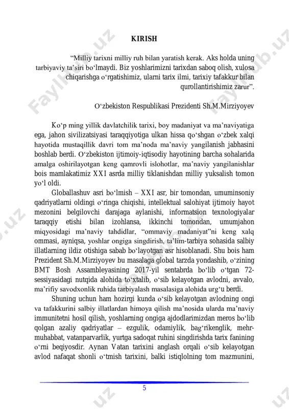 xsus taʼlim vazirligining “oliy va o‘rta maxsus, kasb-hunar taʼlimi tizimi uchun o‘quv adabiyotlarning yangi avlodini yaratish konsepsiyasi”da ilgari surilgan talablarga mos ravishda tayyorlangan. mavzular oliy va o‘rta maxsus taʼlim vazirligi tomonidan nomutaxassis fakultetlar bakalavriat bosqichi talabalari uchun mo‘ljallangan hamda shu yo‘nalishda tasdiqlangan “o‘zbekistonning eng yangi tarixi” namunaviy dasturi asosida yoritilgan. har bir mavzu so‘nggida foydalanilgan adabiyotlar ro‘yxati, tayanch tushunchalar, savol va topshiriqlar berilgan. darslik yuzasidan bildirilgan fikr-mulohazalar o‘zbekiston milliy universiteti tarix fakultetining “o‘zbekistonning eng yangi tarixi” kafedrasi mualliflari jamoasi tomonidan mamnuniyat bilan qabul qilinadi. 8 1-mavzu. “o‘zbekistonning eng yangi tarixi” o‘quv fanining predmeti, maqsadi va vazifalari, nazariy- metodologik tamoyillari. reja: 1. o‘zbekistonning eng yangi tarixi fanining fan sifatida tutgan o‘rni. uning o‘rganish obʼyekti va predmeti. 2. o‘zbekistonning eng yangi tarixi fanining metodologik, ilmiy- nazariy asoslari, usullari va tamoyillari. 3. o‘zbekistonning eng yangi tarixini davrlashtirish. 4. o‘zbekistonning eng yangi tarixini o‘rganishning ahamiyati. 1. o‘zbekistonning eng yangi tarixi fanining fan sifatida tutgan …