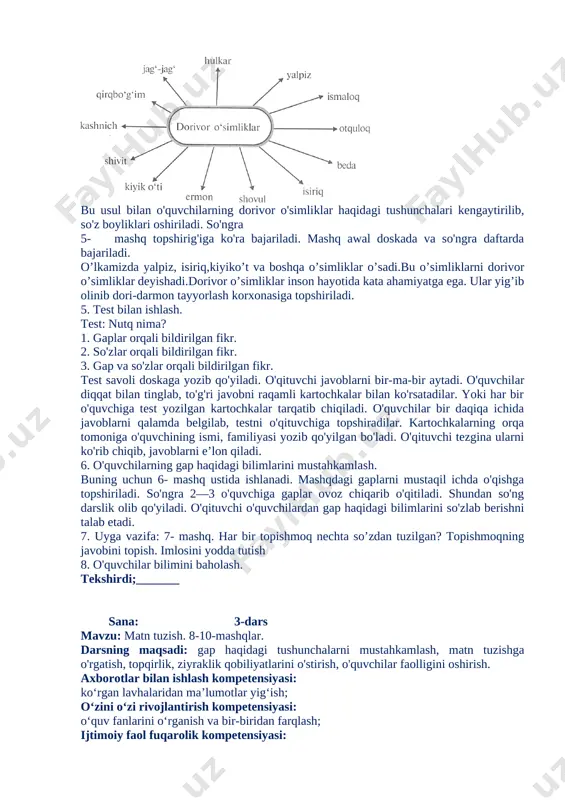 ladi. o'qituvchi ,,0‘zbekiston deganda ko‘z o'ngingizda nimalar jonlanadi?“ degan savol beradi. o'quvchilar o'zbekiston haqida bilgan so'zlarini aytadilar. 0‘qituvchi so'zlarni quyidagi taxlitda doskaga yozib boradi. so'ngra savollar orqali o'quvchilarning o'zbekiston ha-qidagi bilimlari mustahkamlanadi. — o'zbekiston qanday davlat? — o'zbekiston — mustaqil davlat. — vatanimizni qanday so'zlar bilan madh etsak bo'ladi? — serquyosh, chamanzor, go'zal, keng, bepoyon, oltinga kon. — vatanimizni ulug'lash uchun nimalar topdik? — so'zlar. — topgan so'zlaringizdan gaplar tuzingchi. — paxta milliy boyligimiz. xalqlar tinch-totuv yashaydilar. navoiy — g'azal mulkining sultoni. o'zbekistonning o'z bayrog'i, tamg'asi, madhiyasi bor. shahar va qishloqlari go'zal va h. k. o'quvchilar tuzgan gaplardan matn tuzish ham mumkin. 3. husnixat mashqlari o'tkazish. mashq uchun material. bb. buxoro, bayroq. husnixat qoidalari eslatiladi. „lnson go'zalligi husnixatda bilinar!" shiori aytilgach, berilgan harf va so'zlarning har biridan bir qatordan yozish tavsiya etiladi. 4. kitob bilan ishlash. 5- mashqni bajarish. mashqni bajarish-dan oldin klaster usulida o'quvchilarga tanish bo'lgan dorivor o'simliklar aniqlab …