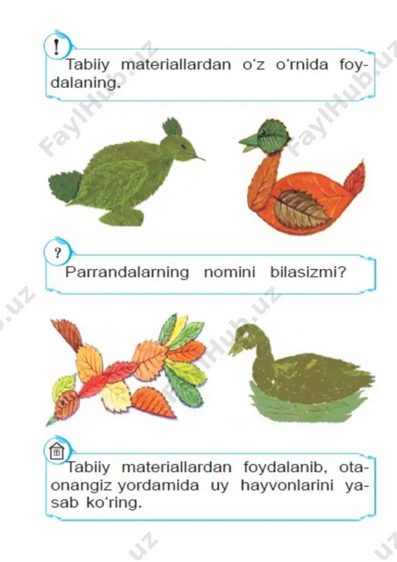 i ii iii iv v davomiyligi 1 7 25 5 5 ii. uy vazifani tekshirish: oldingi mavzu yuzasidan ishlarni tekshirish. iii. yangi mavzu bayoni 1.o’quvchilar bilan tabiiy materiallar haqida suhbat o’tkajish. 2.ularni turlari haqida savol-javob o’tkazish. 3tabiiy materiallarni mehnat darsimizfdagi o`rni haqida suhbat. 4.applikatsiya yasash bosqichlarini ko’rsatib berish. 5.o’quvchilar mustaqil yasaydilar. 6.yasash vaqtida o’quvchilar ishi kuzatib boriladi. 9.qaychidan foydalanishda texnika havfsizligi qoidalariga rioya qilish kerakliklarini eslatish. 10.shaxsiy gigiyena qoidalaini ham eslatish. 11.dasda o’quvchilarga tejamkorlikka rioya qilishni o’rgatib borish. [image: ] [image: ] iv. darsni mustahkamlash: 1.yasab bo’lgan o’quvchilar ishini baholash uchun savol-javob o’tkazaman. 2qanday tabiiy materiallar turlarini bilasiz? 3.qaychidan foydalanishda texnika xavfsizligi qoidalarini ayting. 4.ninadan foydalanishda texnika xavfsizligi qoidalarini ayting. v.o’quvchilar ishini baholayman. vi. uyga vazifa: darsda ulgurmagan ishlarni tugatib kelish. o’tibdo’___________ [bookmark: _goback] image6.png image7.emf image8.emf image9.emf image10.emf image11.emf image12.emf image13.emf image14.emf image15.emf image16.emf image1.emf image2.emf image3.emf image4.emf image5.png