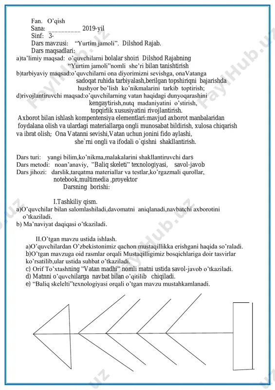 larga tarqatmalar tarqatilib,ularda berilgan savollarga javoblar aniqlanadi. v. darsni yakunlash va baholash. vi. uyga vazifa berish: she‟rni yod olish. ko‟rildi: o‟ibdo‟ “baliq skeleti” texnologiyasi fan. o‟qish sana: __________ sinf: 3- dars mavzusi: yangi uy. hamidulla murodov. dars maqsadlari: a)ta‟limiy maqsad: o‟quvchilarni ”biz buyuk yurt farzandimiz” bo‟limidagi “yangi uy” nomli matn mavzusi bilan tanishtirish b)tarbiyaviy maqsad: o‟quvchilarni onavatanimizning mo‟tabarligi ,azizligi, uning har qarich yeri muqaddasligi haqida tarbiya berish,berilgan topshiriqni bajarishda ma‟suliyat sezish ko‟nikmalarini tarkib toptirish; d)rivojlantiruvchi maqsad:o‟quvchilarni mustaqil fikrlashga undash,nutq madaniyatini o‟stirish,topqirlik xususiyatini rivojlantirish. kommunikativ kompetensiya: o„rganilgan atamalarning ma‟nosini tushunib to„g„ri o„qiy olish; ona vatanga sadoqatli,uni sevishga,asrab avaylashga o`rgatish. dars turi: yangi bilim,ko‟nikma,malakalarini shakllantiruvchi dars dars metodi: noan‟anaviy, ”klaster”, ”ikki qismli kundalik” metodi dars jihozi: darslik,tarqatma materiallar va testlar,ko‟rgazmali qurollar, notebook,multimedia,proyektor. darsning borishi: i.tashkiliy qism. a)o‟quvchilar bilan salomlashish,davomatni aniqlash,navbatchi axborotini o‟tkaziladi b) ma‟naviyat daqiqasi o‟tkaziladi. ii. o‟tgan mavzu mustahkamlanadi. a) o‟quvchilardan o‟zbekistonimiz qachon mustaqillikka erishgani haqida so‟raladi. b) “klaster” metodi orqali …