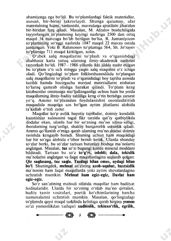 sizlik, baxillik, manmanlik, noshudlik, yolg‘onchilik, sabrsizlik, bevafolik, ochko'zlik, nomussizlik, isrofgarchilik va hokazo ma’nolami ifodalaydi. bu — maqollarda so‘zlaming ma’no imkoniyatlari naqadar kengligini ko'rsatadi. maqollar so‘z san’ati mahsuli sifatida o‘z m a’nosida, ko‘chma ma’noda va har ikkala ma’noda qo‘llanishi mumkin. shuning uchun ularda badiiy-tasviriy vositalaming xilma-xil shakllariga duch kelamiz. ammo maqollarda o‘xshatishning kam ishlatilishini, uning bu janr uchun xarakterli emasligini ham ko‘ramiz. maqollami o‘xshatishlar bilan o ‘zgartirib qo‘llasak, odatda, ular o‘z maqollik xususiyatini yo'qotadi. masalan, «bulbul chamanni sevar, odam — vatanni» maqolini bulbul chamanni sevganday, odam vatanni sevar yoki «dehqon bo‘lsang, shudgor qil, mulla boisang, takror qil» maqolini dehqon shudgor qilganday, mulla bo‘lsang takror qil deb ko‘raylik-chi, butunlay ma’nosizlik yuzaga keladi. keyingi paytlarda matbuot sahifalarida maqolning ana shu xususiyatini hisobga olmay, o‘zgartirib qo‘llash hollariga duch kelmoqdamiz. masalan, «ustoz otangdan ulug‘» maqoli «ustoz otangday ulug‘» tarzida buzib qo‘llanmoqda. bunda otani kamsitish holati yo‘q, shunday bo‘lganda xalq «ota rozi — xudo rozi» degan …