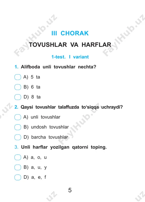 ________________________________________ to‘g‘ri javoblar soni noto‘g‘ri javoblar soni reyting bali yakuniy baho 18 iv chorak so‘z. so‘zning ma’nosi 4-test. i variant 1. alifbo deb nimaga aytiladi? a) tartib bilan joylashgan barcha harflarga alifbo deb ytiladi. b) unli va undosh harflardan iborat so‘zlarga alifbo deb aytiladi. d) undosh va unli harflardan tuzilgan bo‘g‘inlarga alifbo deb aytiladi. 2. tutuq belgisi to‘g‘ri qo‘yilgan qatorni belgilang. a) ta’lat, a’zam b) ma’mura, she’r d) ta’na, mano 3. bo‘g‘inga to‘g‘ri ajratilgan qatorni belgilang. a) do‘-lan-a b) o‘-qi-tu-vchi d) o‘z-be-kis-ton 19 4. muyassar so‘zida nechta unli harf bor? a) 3 ta b) 4 ta d) 2 ta 5. balan... so‘zida qaysi harf tushib qolgan? a) t b) n d) d 6. shaxs va narsaning harakatini bildirgan so‘zlar qatorini belgilang. a) yurdi, bordi b) o‘qidi, kitob d) chiroyli, olma 7. shaxs va narsaning harakatini bildirgan so‘zlar qaysi so‘roqlarga javob beradi? a) qanday? qanaqa? b) kim? nima? d) nima qildi? …