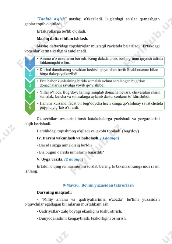 jasurlik talab etiladi. qadriyatlar – xalq boyligi. ularni ardoqlab, keyingi avlodlarga yetkazish har birimizning burchimizdir. o‘quvchilarga krossvordni yechish qo‘shimcha topshiriq sifatida berish tavsiya etiladi. 1. bu so‘z “ko‘pchilik”, “jamoa”, “guruh”, ma’nolarini anglatadi. 2. navro‘z taomi. 3. _____-izzatda, mezbon-xizmatda. 4. 21-martda nishonlanadigan bayram nomi. 5. ___ tinch — yurt tinch. 6. dasturxon ko‘rki. 7. odob nimadan boshlanadi? iv. darsni yakunlash va baholash. (3 daqiqa) - bo‘limda nimalarni bilib oldingiz? - biz bugun darsda nimalarni bajardik? v. uyga vazifa. (1 daqiqa) “qadriyatlar–xalq boyligi” mavzusida kichik matn tuzing. “birgalikda o‘qiymiz” mavzusidagi dars soatini maktab kutubxonasida tashkillashtirish tavsiya qilinadi.